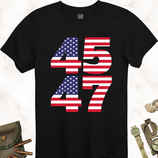 45 47 Trump Shirt in color Black with American Flag design from Gun Show Apparel