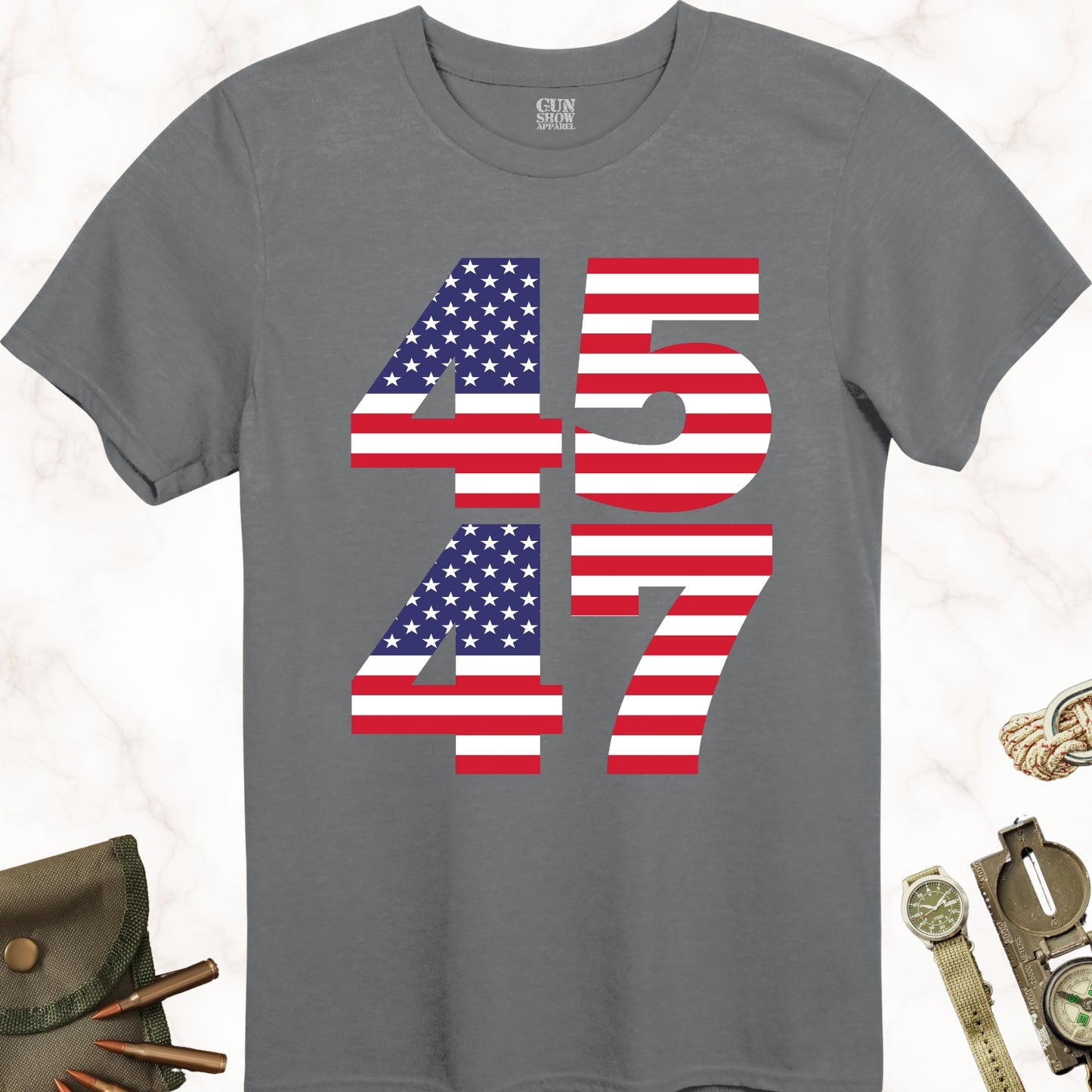 45 47 Trump Shirt in color Charcoal with American Flag from Gun Show Apparel