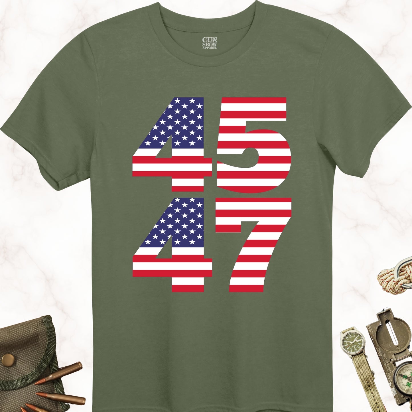 45 47 Trump Shirt in color Military Green with American Flag from Gun Show Apparel