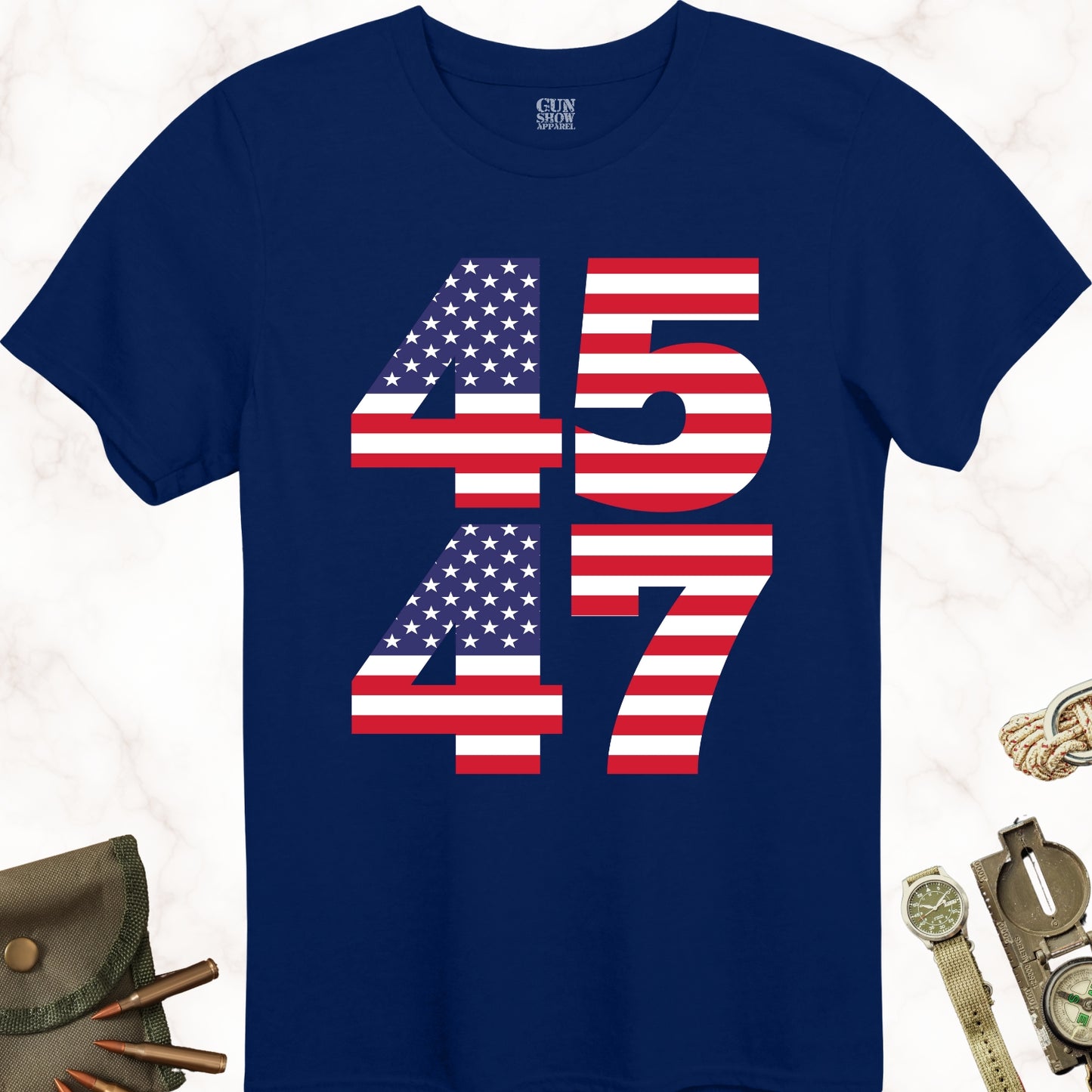 45 47 Trump Shirt in color navy with American Flag design from Gun Show Apparel