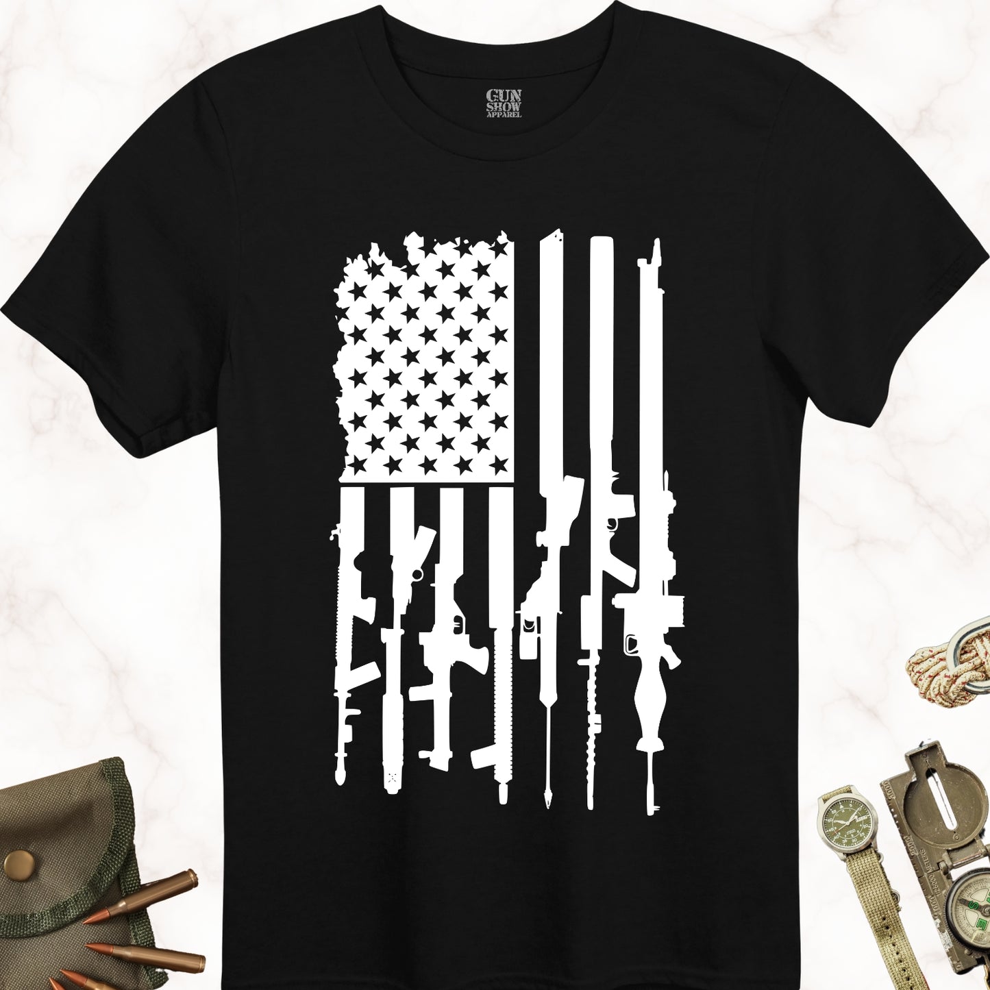 American Gun Flag Shirt in color Black with white design from Gun Show Apparel