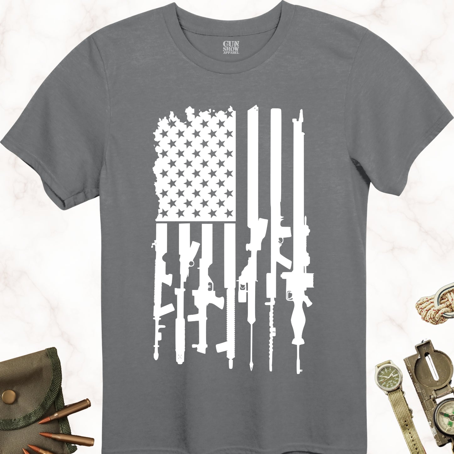 American Gun Flag T-Shirt in color Charcoal with white design from Gun Show Apparel