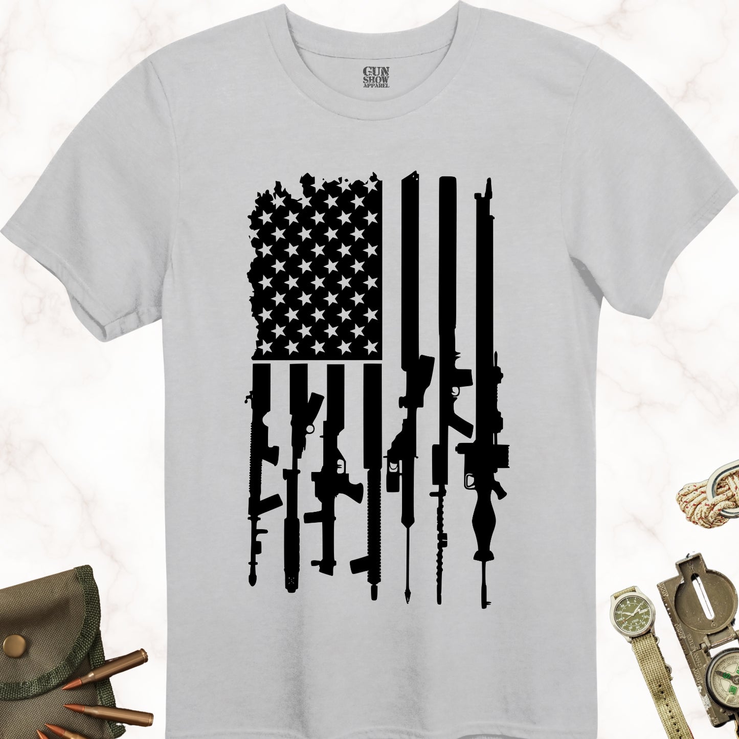 American Gun Flag T-Shirt in color Ice Grey with black design from Gun Show Apparel