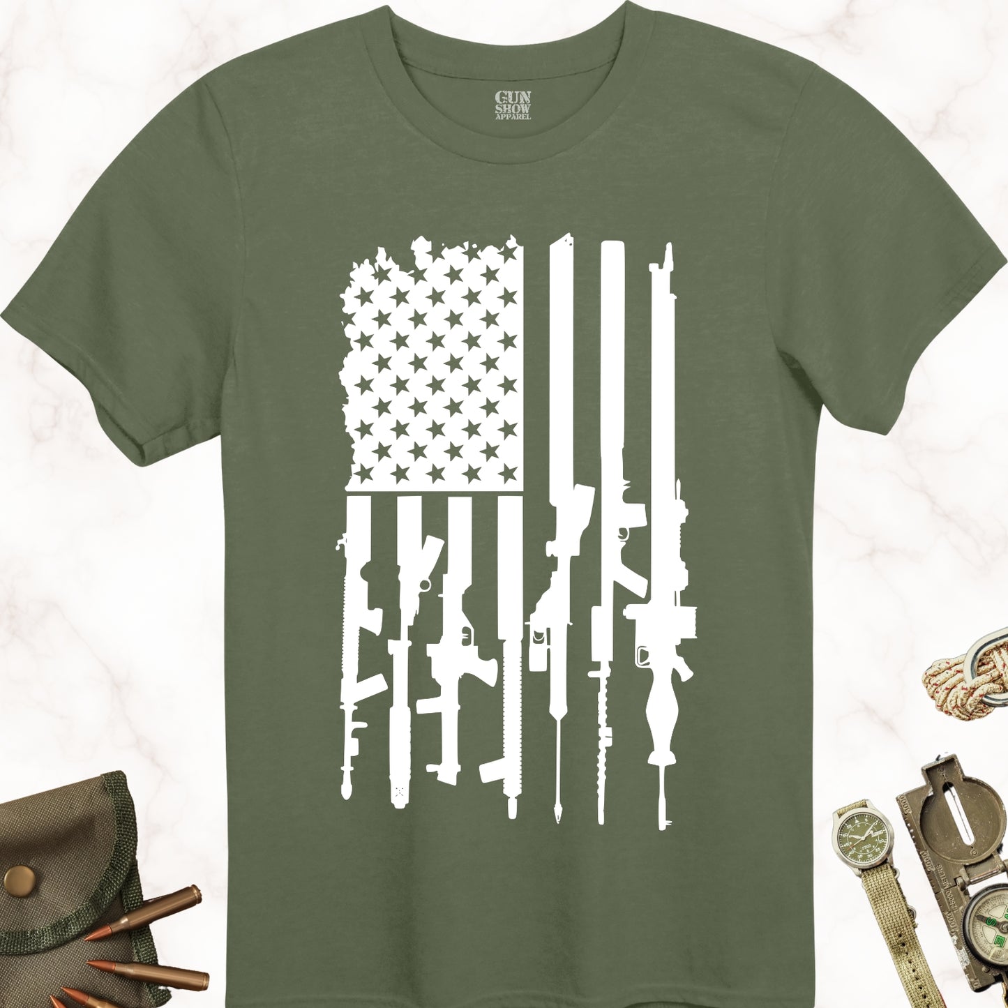 American Gun Flag T-Shirt in color Military Green with white design from Gun Show Apparel