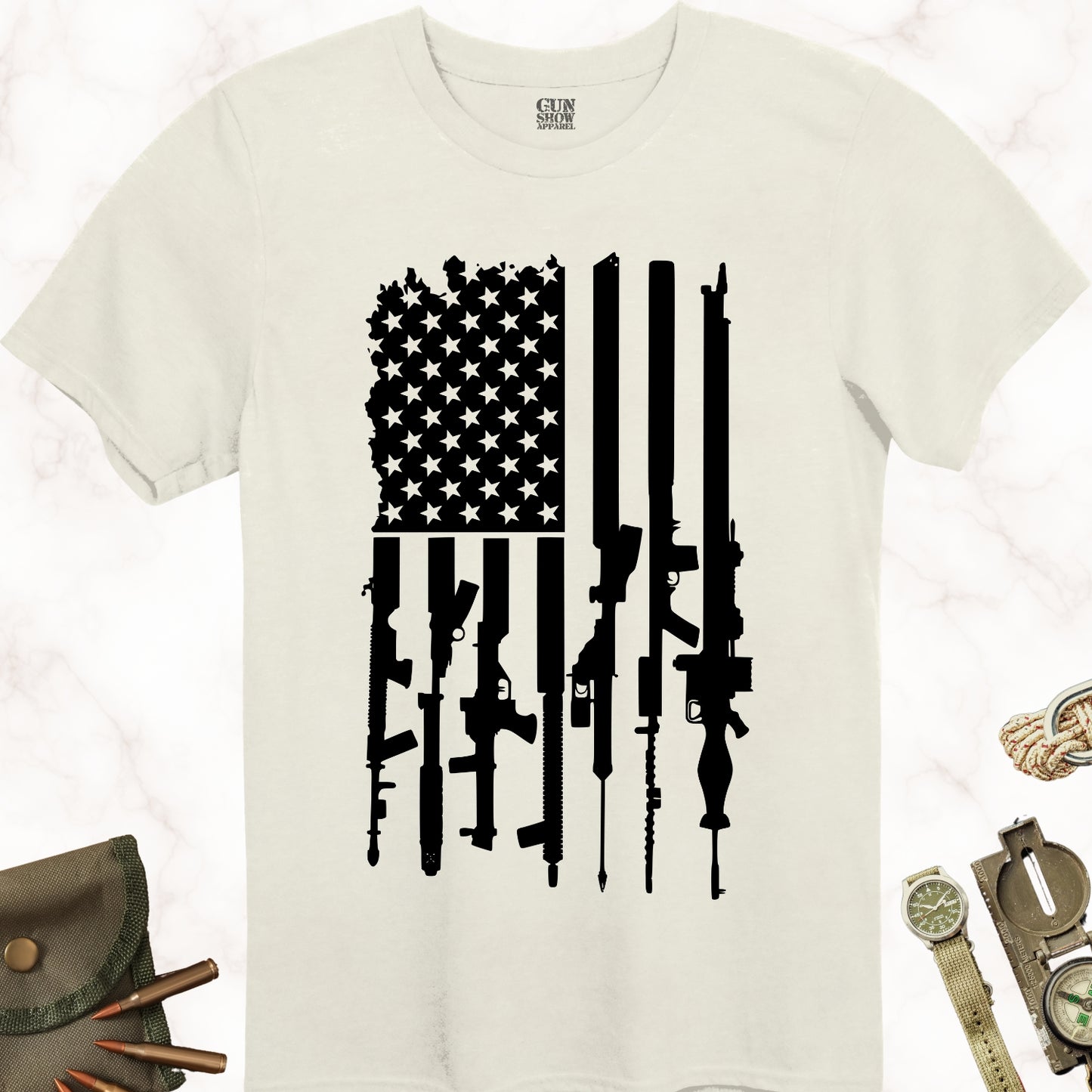 American Gun Flag T-Shirt in color Natural with black design from Gun Show Apparel