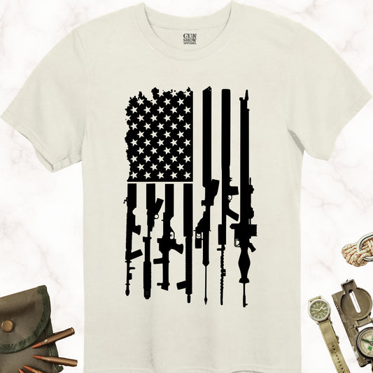 American Gun Flag T-Shirt in color Natural with black design from Gun Show Apparel