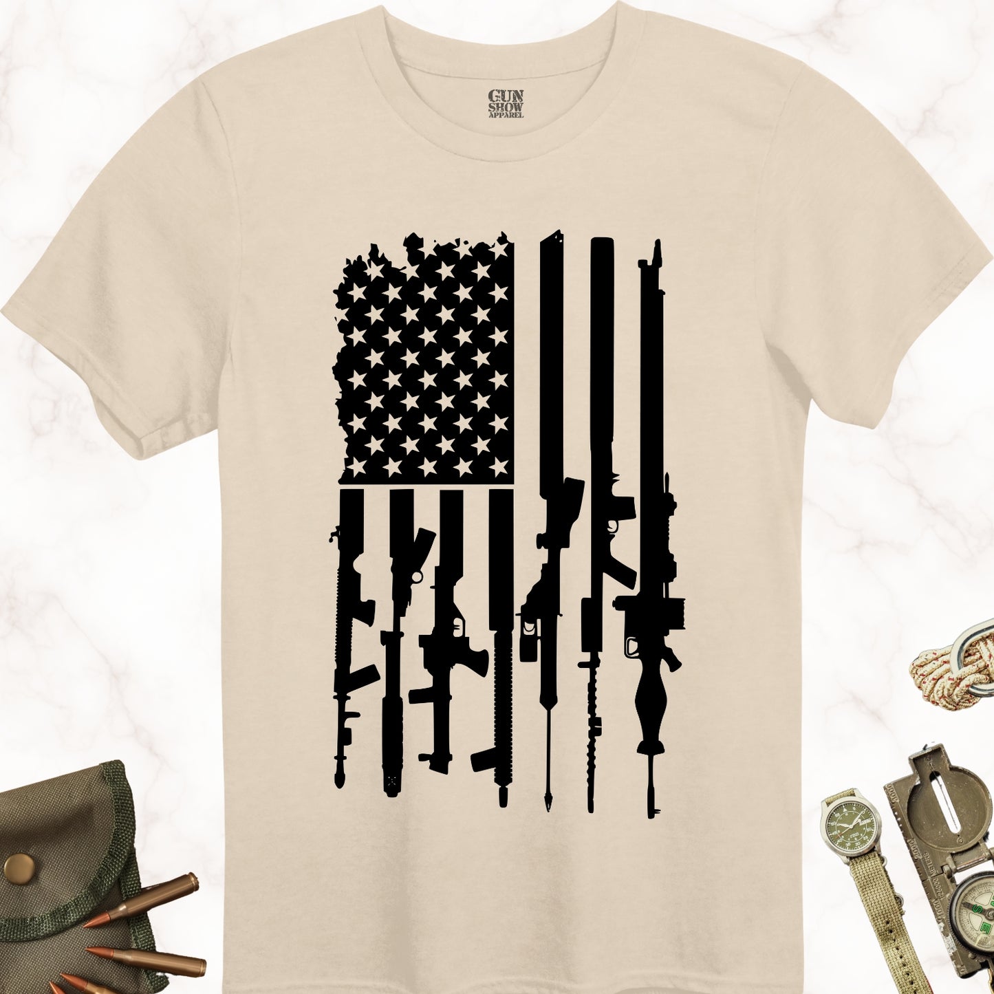 American Gun Flag T-Shirt in color Sand with black design from Gun Show Apparel