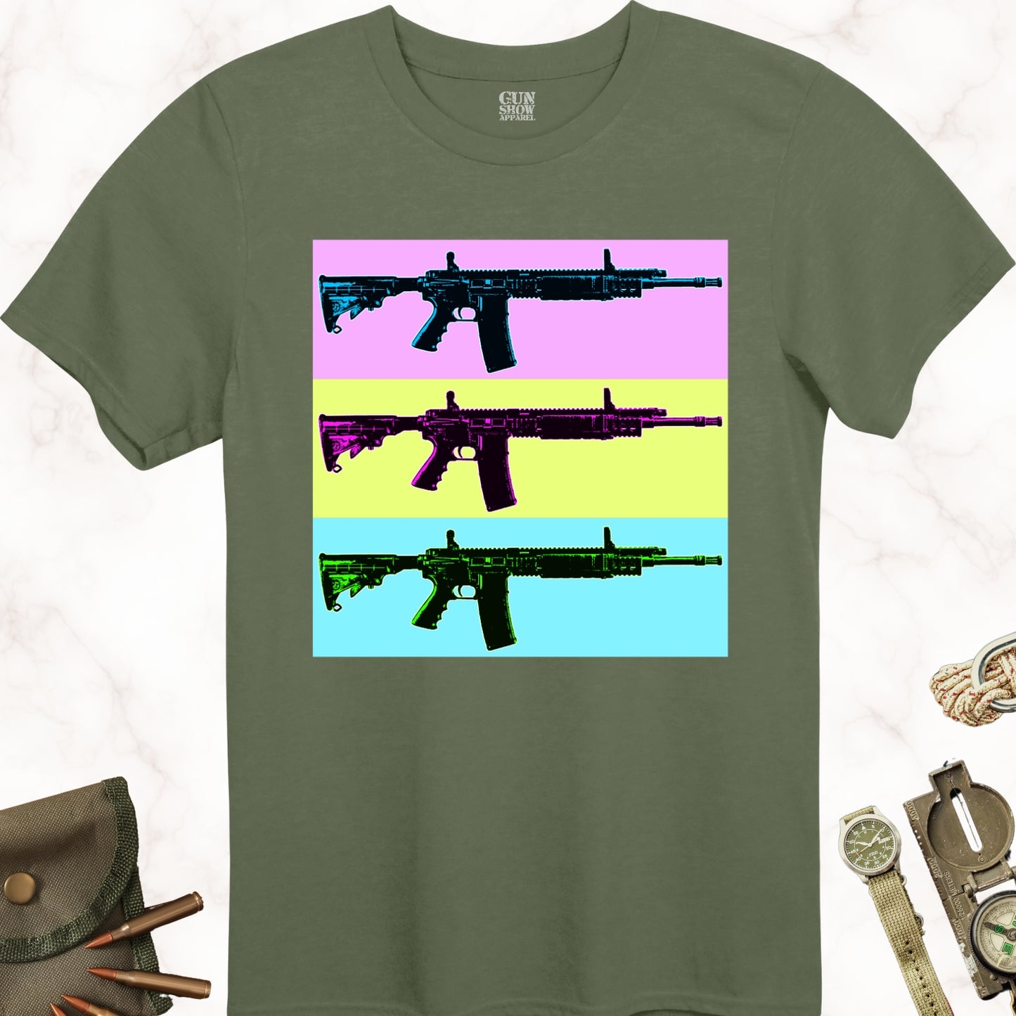 AR-15 Firearm Pop Art T-Shirt in color Military Green