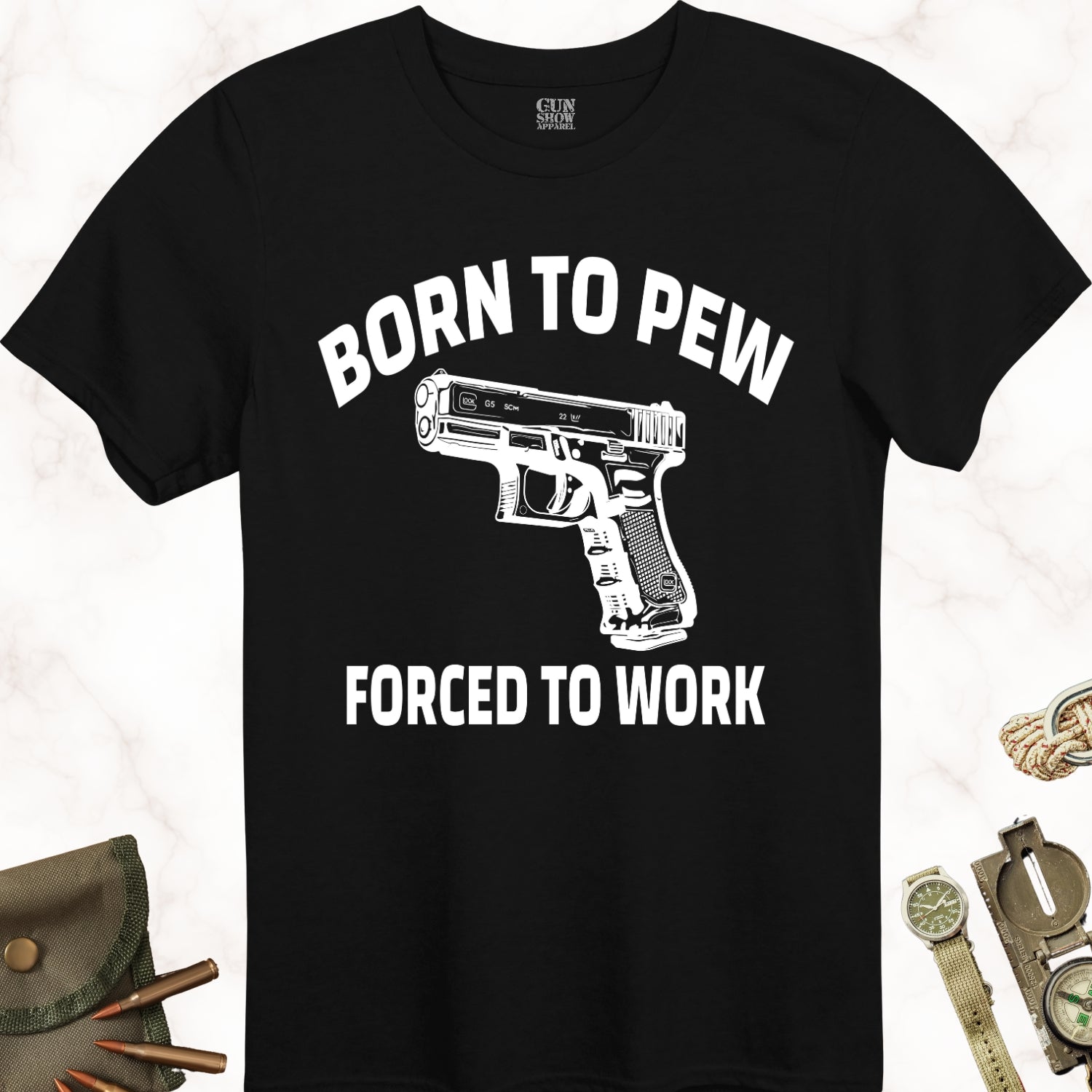 Born to Pew Forced to Work Gun T-Shirt in color Black