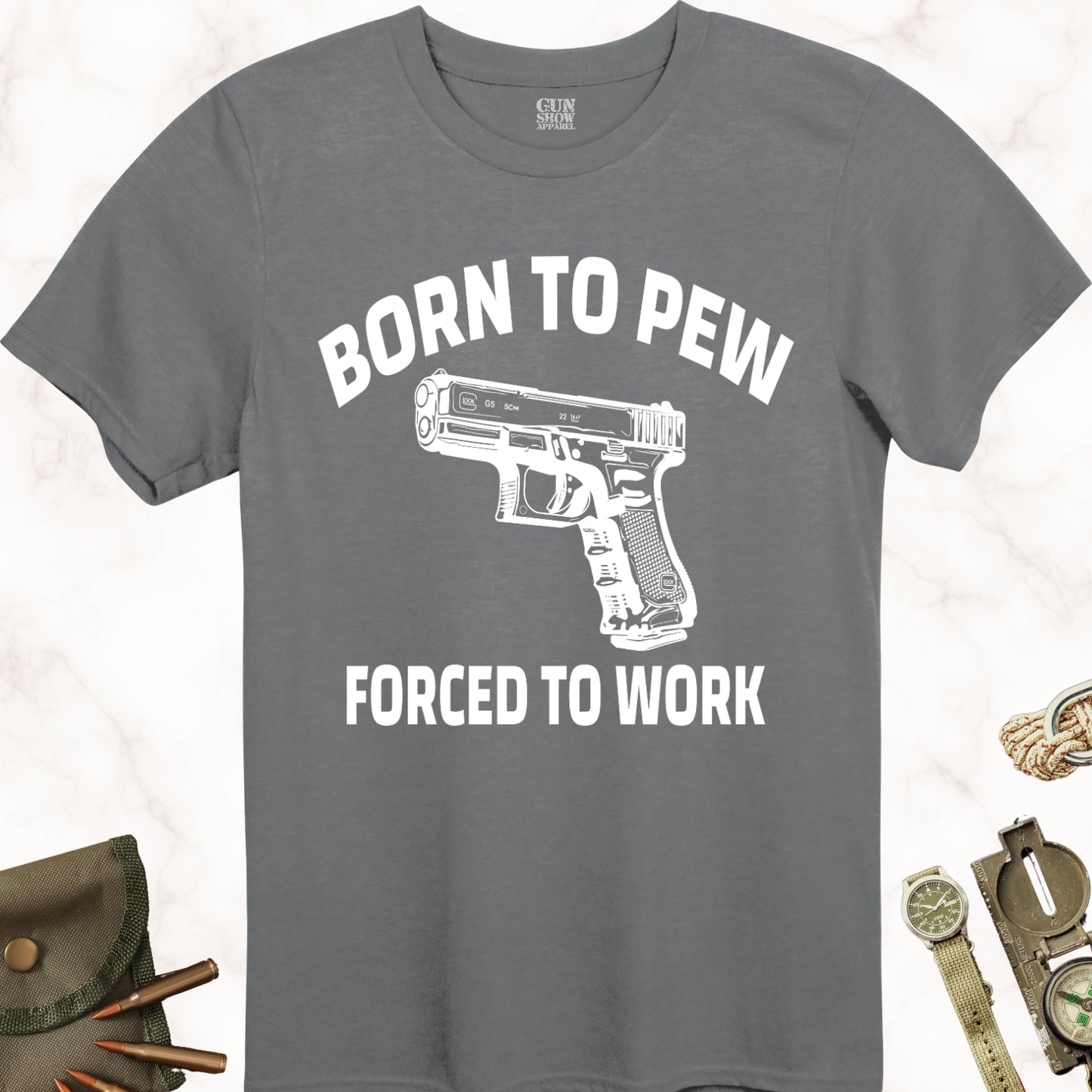 Born to Pew Forced to Work Gun T-Shirt in color Charcoal