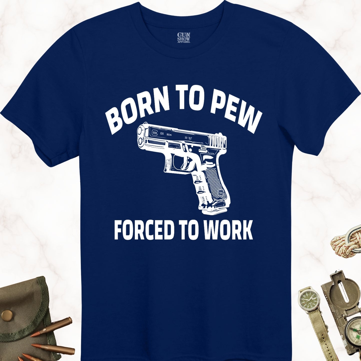 Born to Pew Forced to Work Gun T-Shirt in color Navy