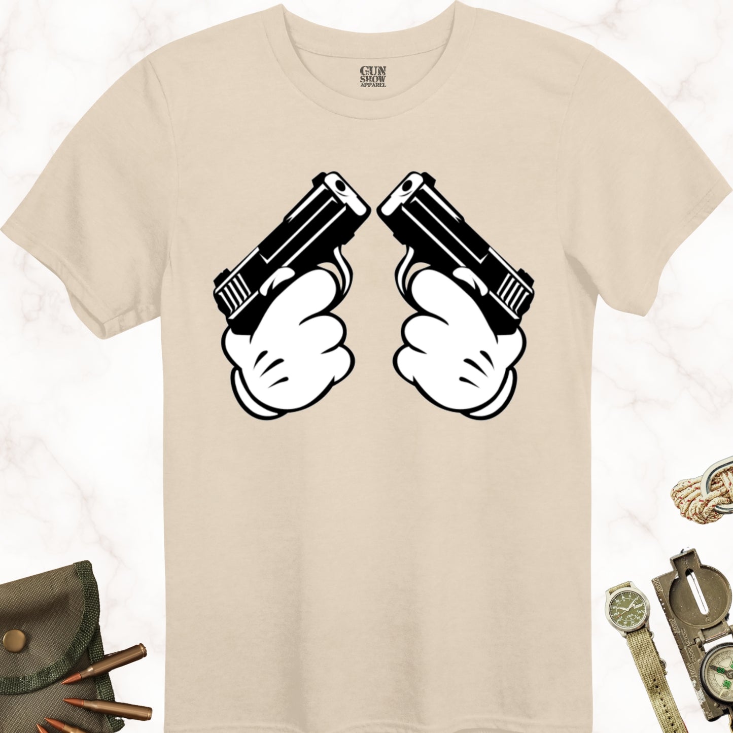 Cartoon Hands Guns T-Shirt in color Sand