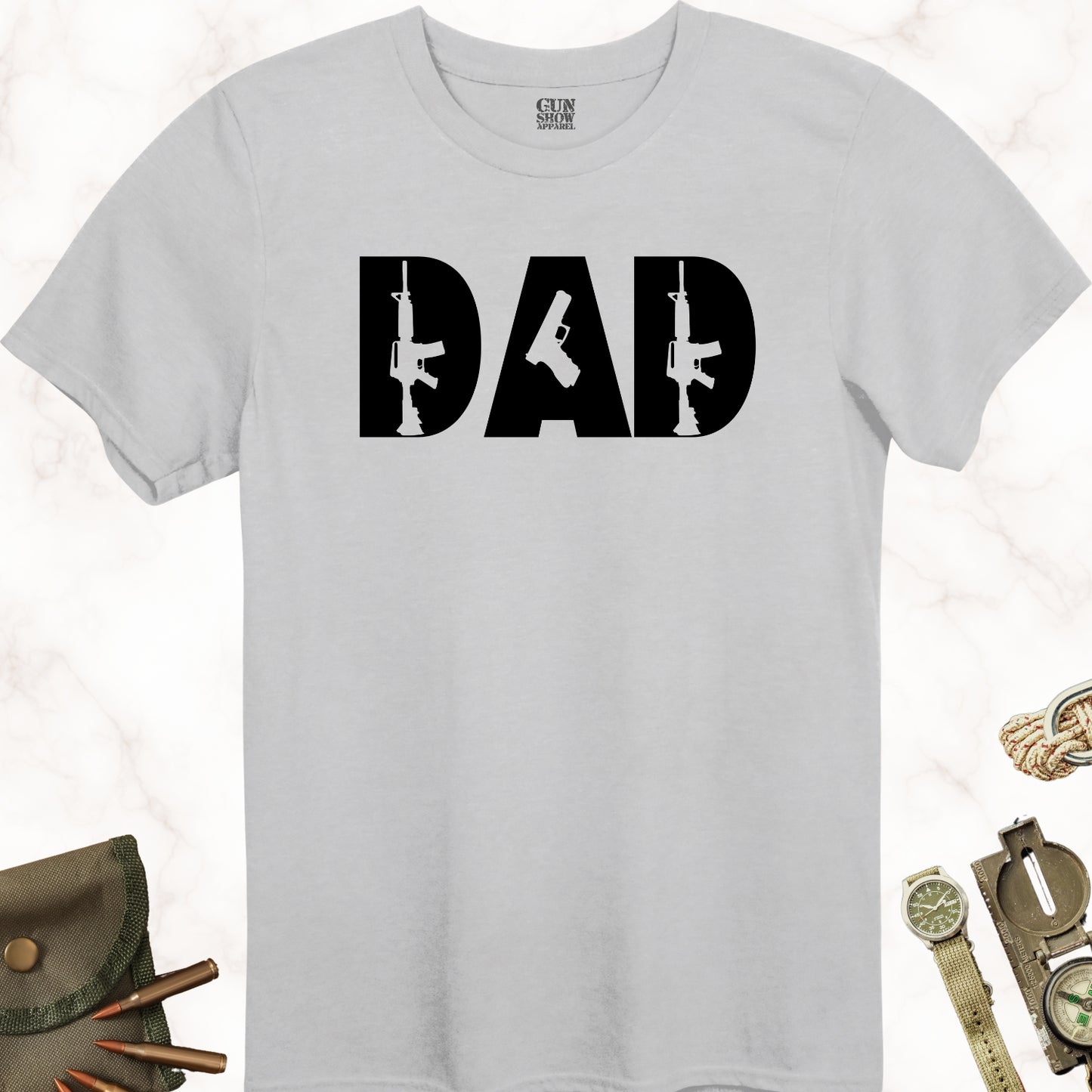 DAD Gun Collection T-Shirt in color Icy Grey with black design from Gun Show Apparel