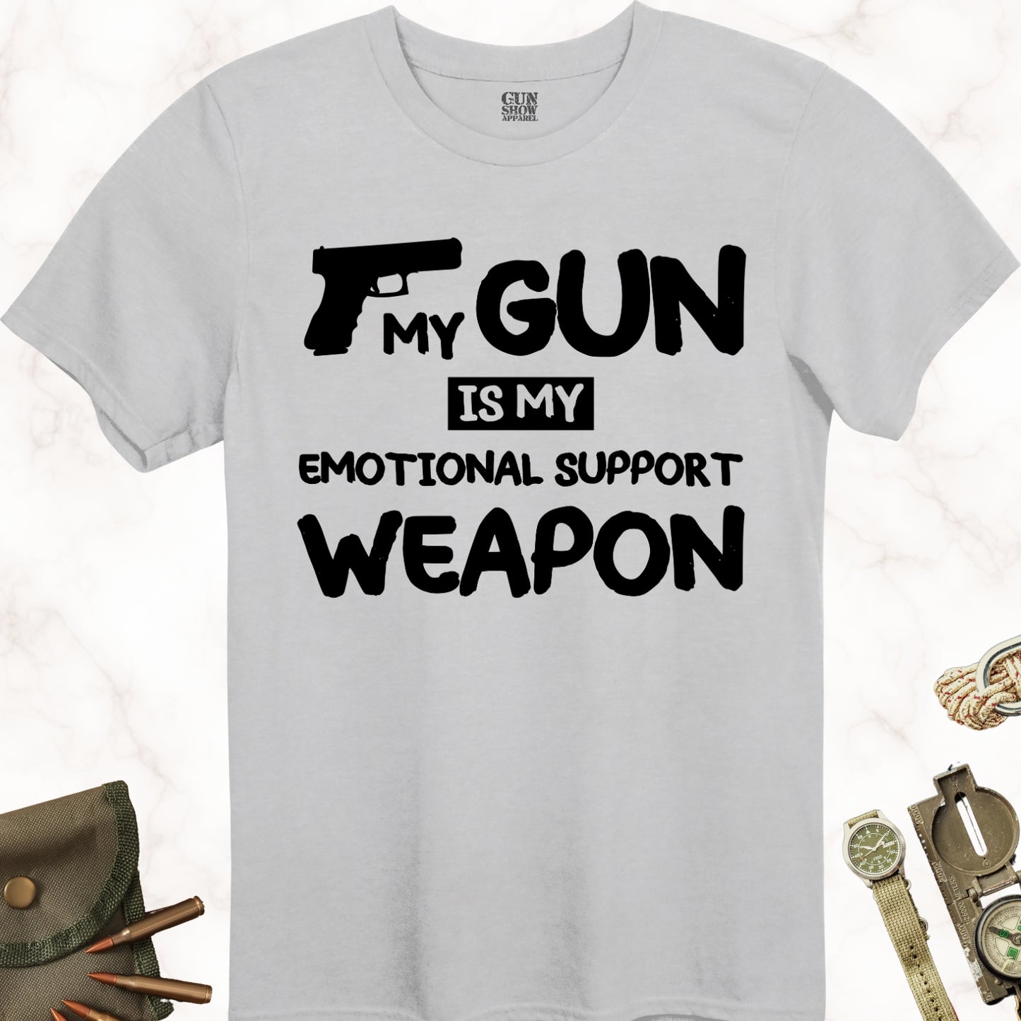 My Gun Is My Emotional Support Weapon T-Shirt in color Ice Grey