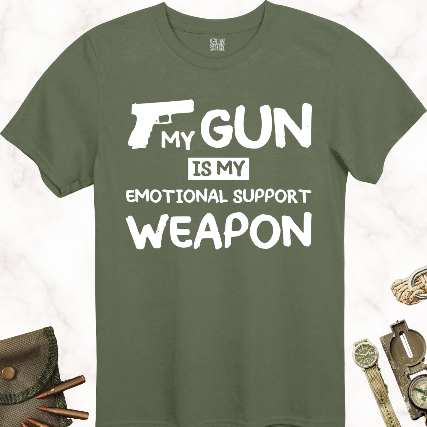 My Gun Is My Emotional Support Weapon T-Shirt in color Military Green