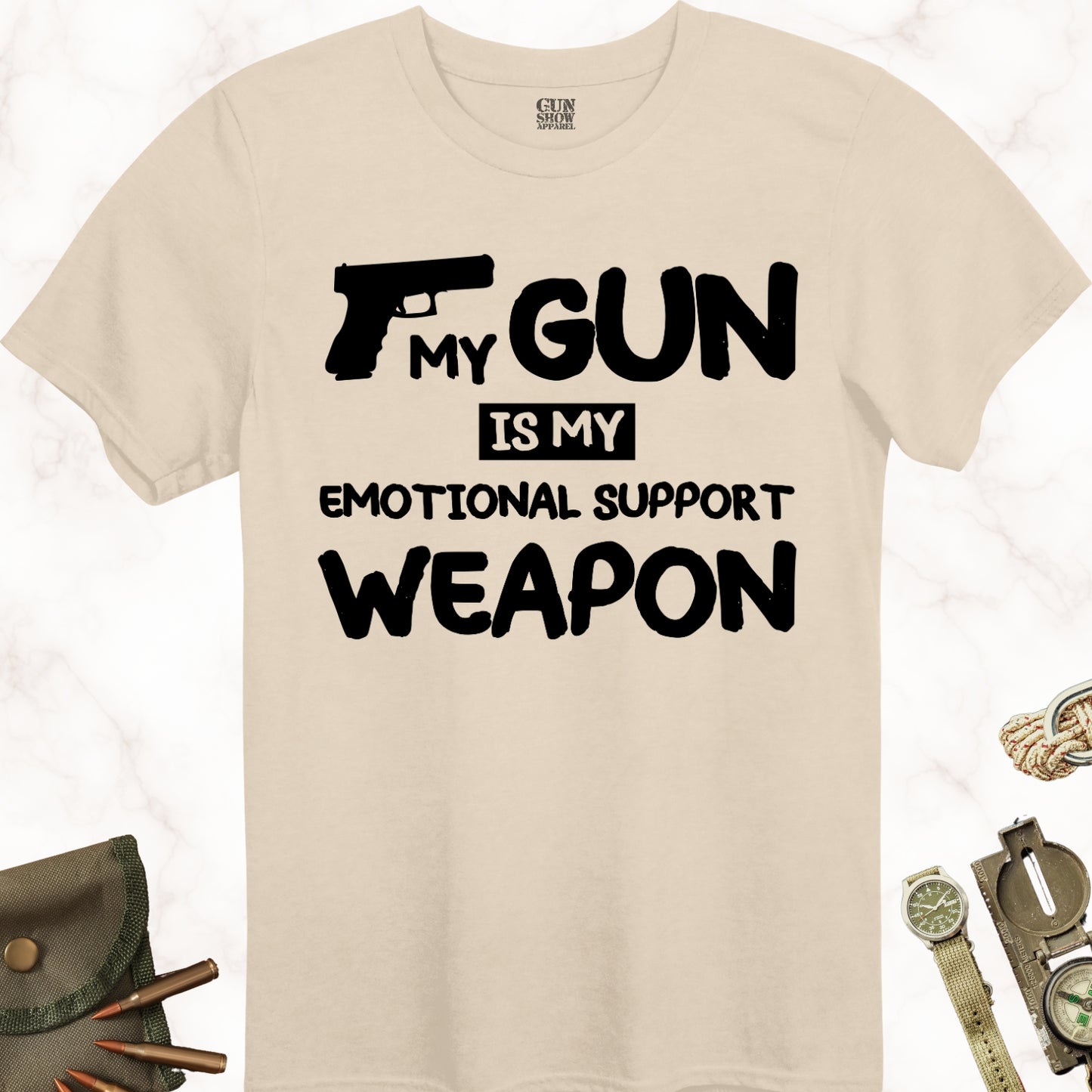 My Gun Is My Emotional Support Weapon T-Shirt in color Sand