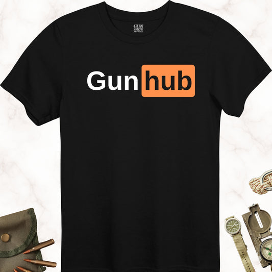 Gunhub T-Shirt in color Black with white and orange design from Gun Show Apparel