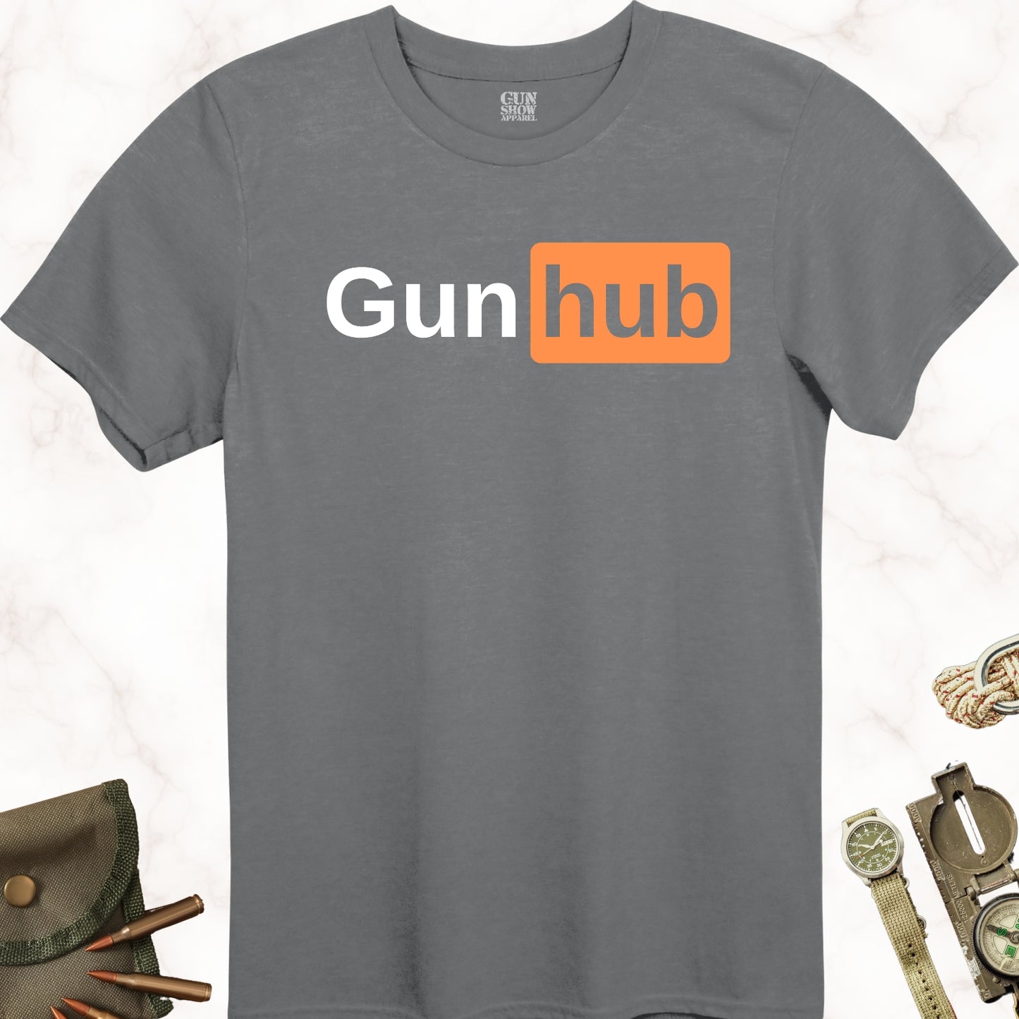 Gunhub T-Shirt in color Charcoal with white and orange design from Gun Show Apparel