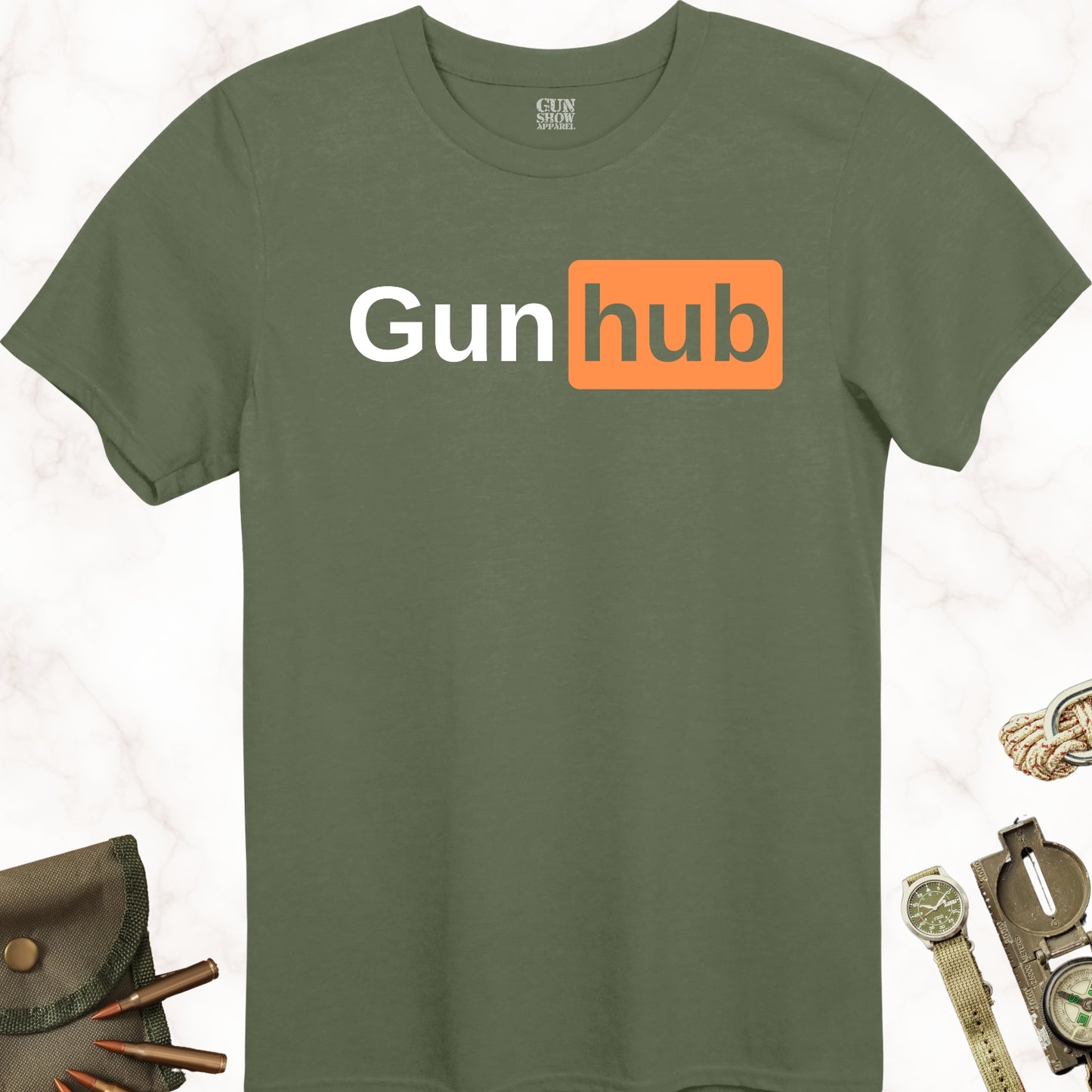 Gunhub T-Shirt in color Military Green with white and orange design from Gun Show Apparel