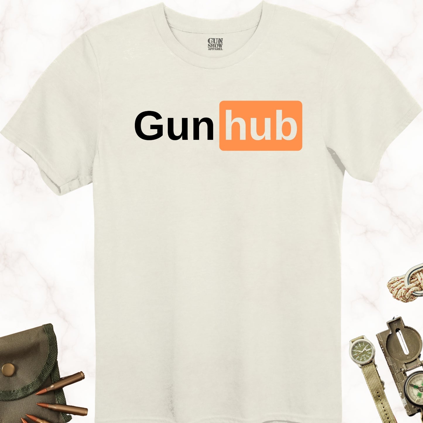 Gunhub T-Shirt in color Natural with black and orange design from Gun Show Apparel