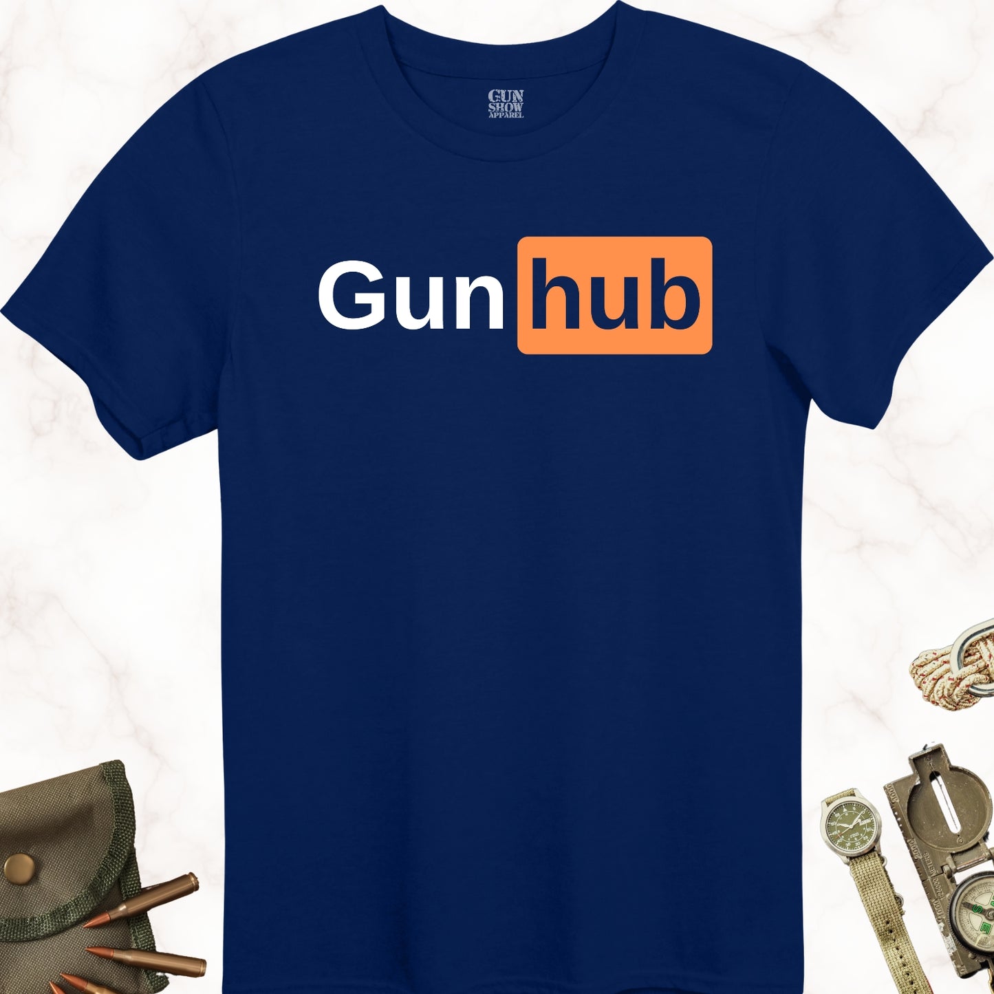 Gunhub T-Shirt in color Navy with white and orange design from Gun Show Apparel