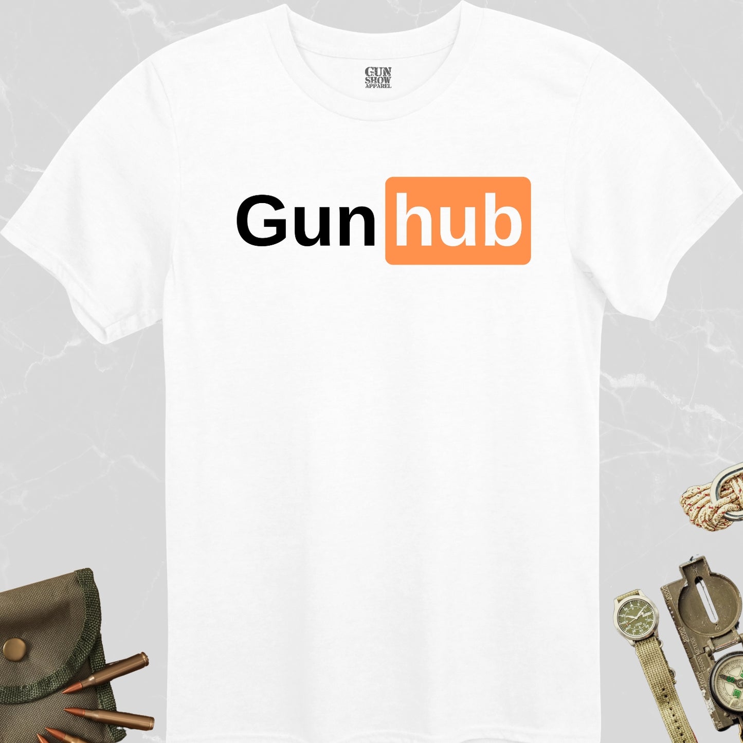 Gunhub T-Shirt in color White with black and orange design from Gun Show Apparel