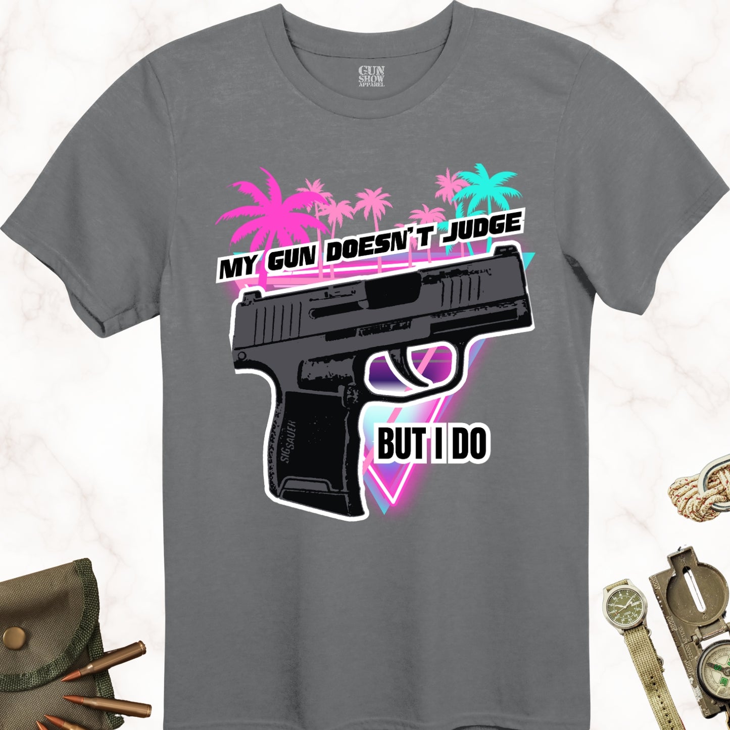 My Gun Doesn't Judge But I Do T-Shirt in color Charcoal