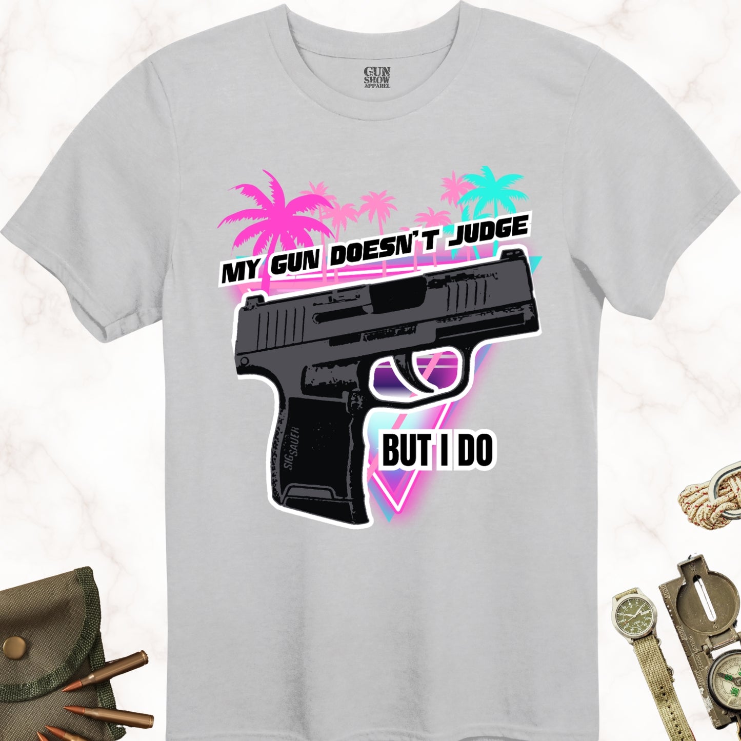 My Gun Doesn't Judge But I Do T-Shirt in color Ice Grey