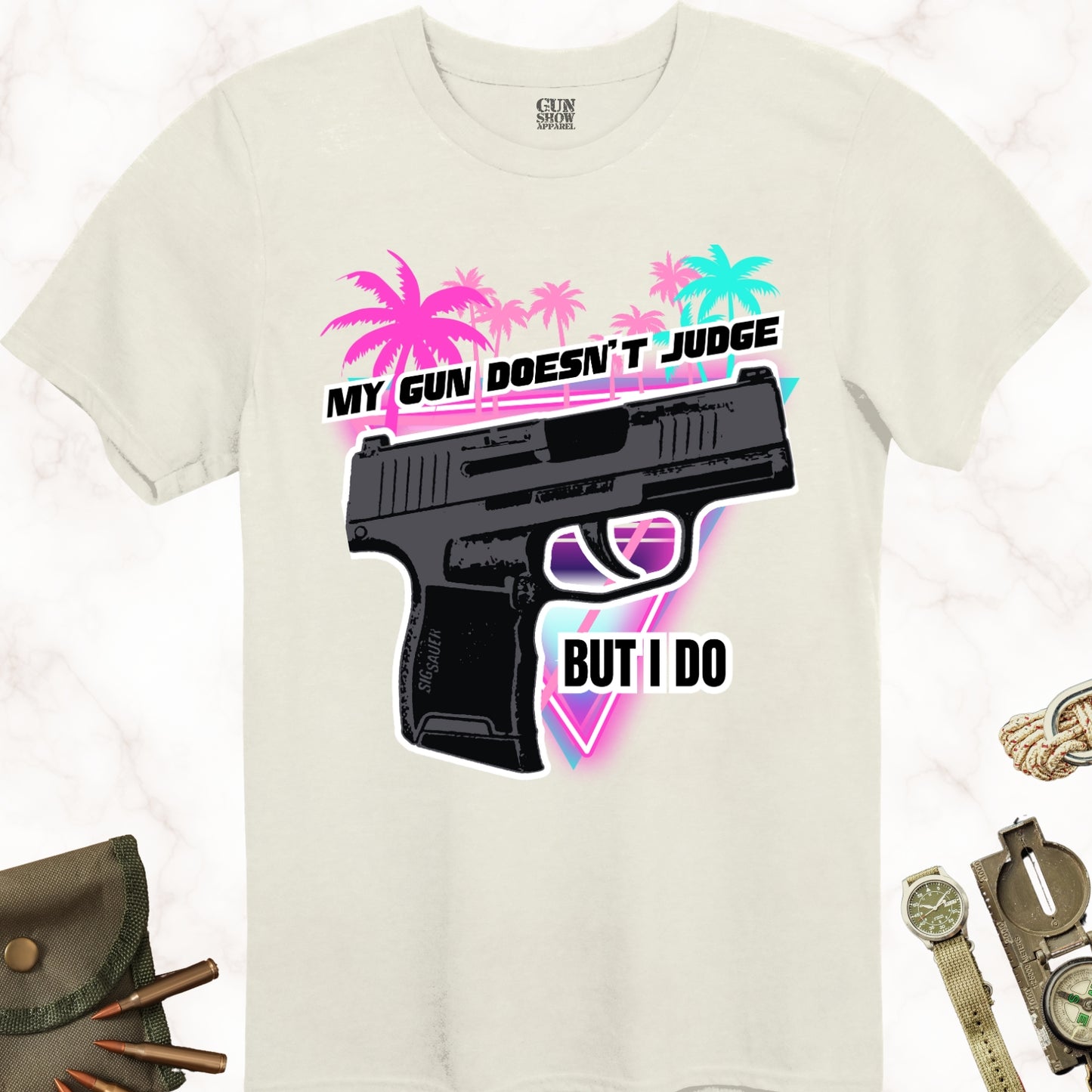 My Gun Doesn't Judge But I Do T-Shirt in color Natural