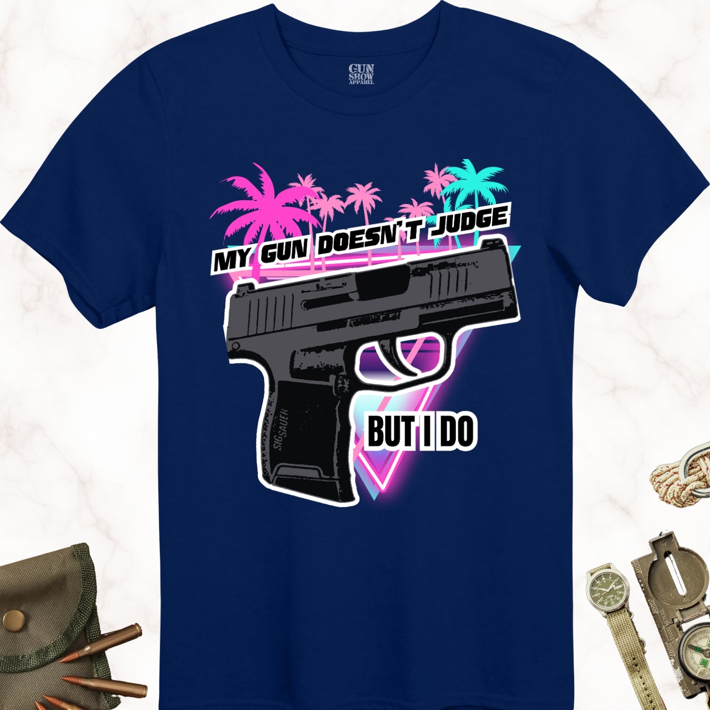 My Gun Doesn't Judge But I Do T-Shirt in color Navy