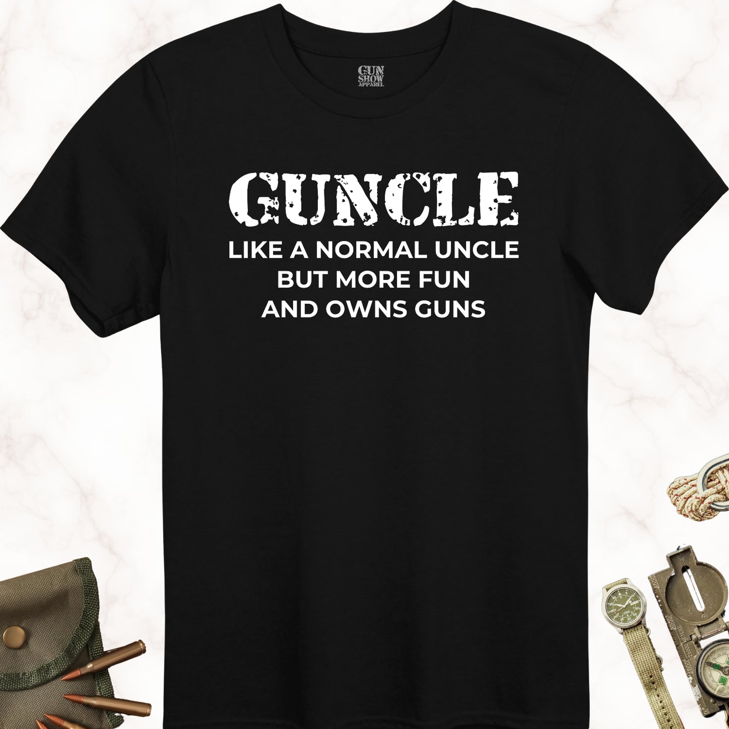 Guncle Like a Normal Uncle but More Fun and Owns Guns T-Shirt in color Black with white design from Gun Show Apparel