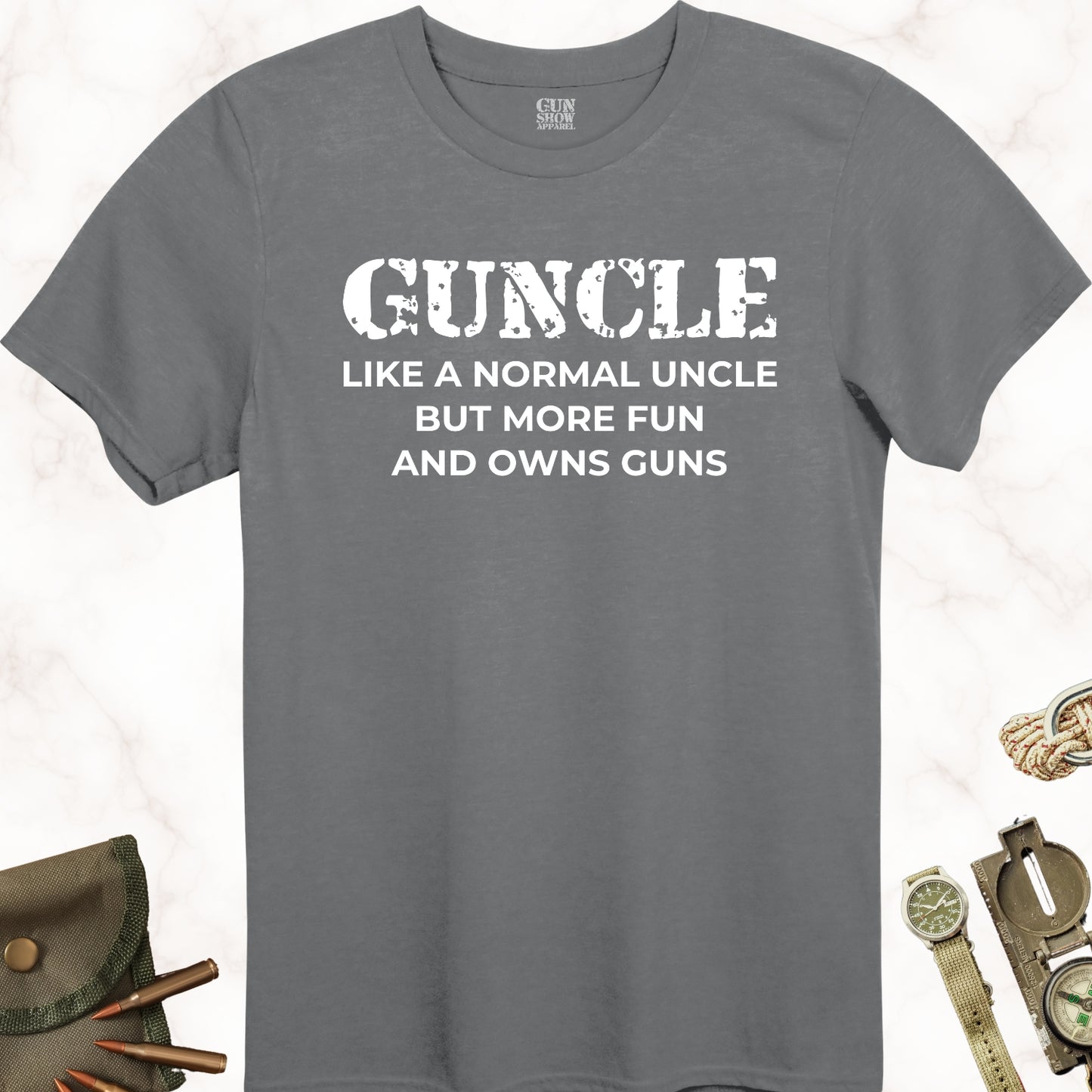 Guncle Like a Normal Uncle but More Fun and Owns Guns T-Shirt in color Charcoal with white design from Gun Show Apparel