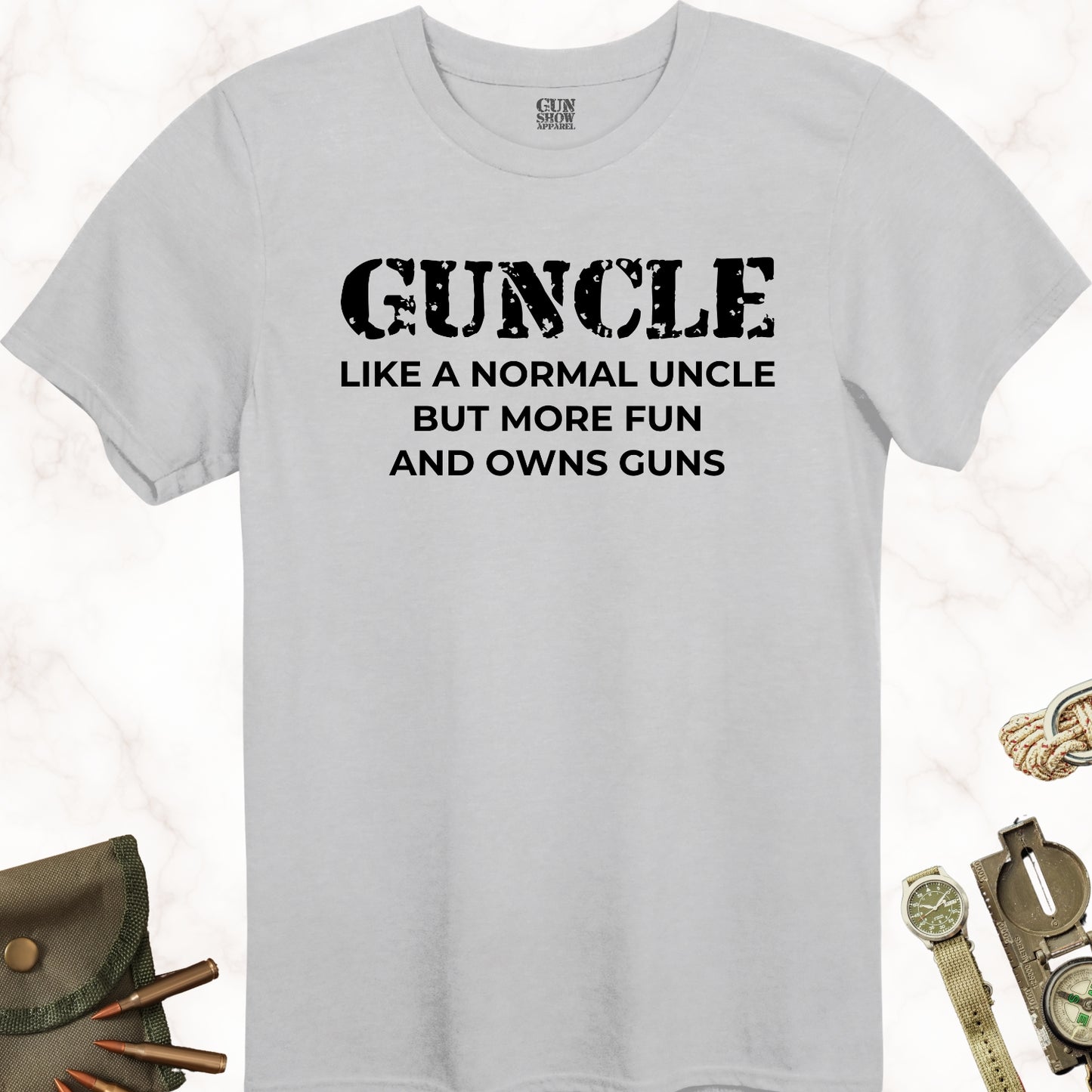 Guncle Like a Normal Uncle but More Fun and Owns Guns T-Shirt in color Icy Grey with black design from Gun Show Apparel