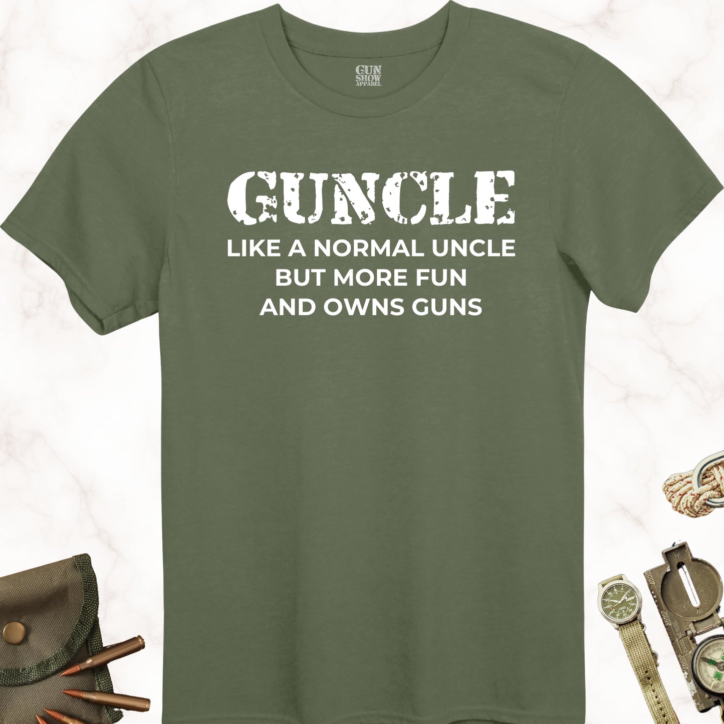 Guncle Like a Normal Uncle but More Fun and Owns Guns T-Shirt in color Military Green with white design from Gun Show Apparel