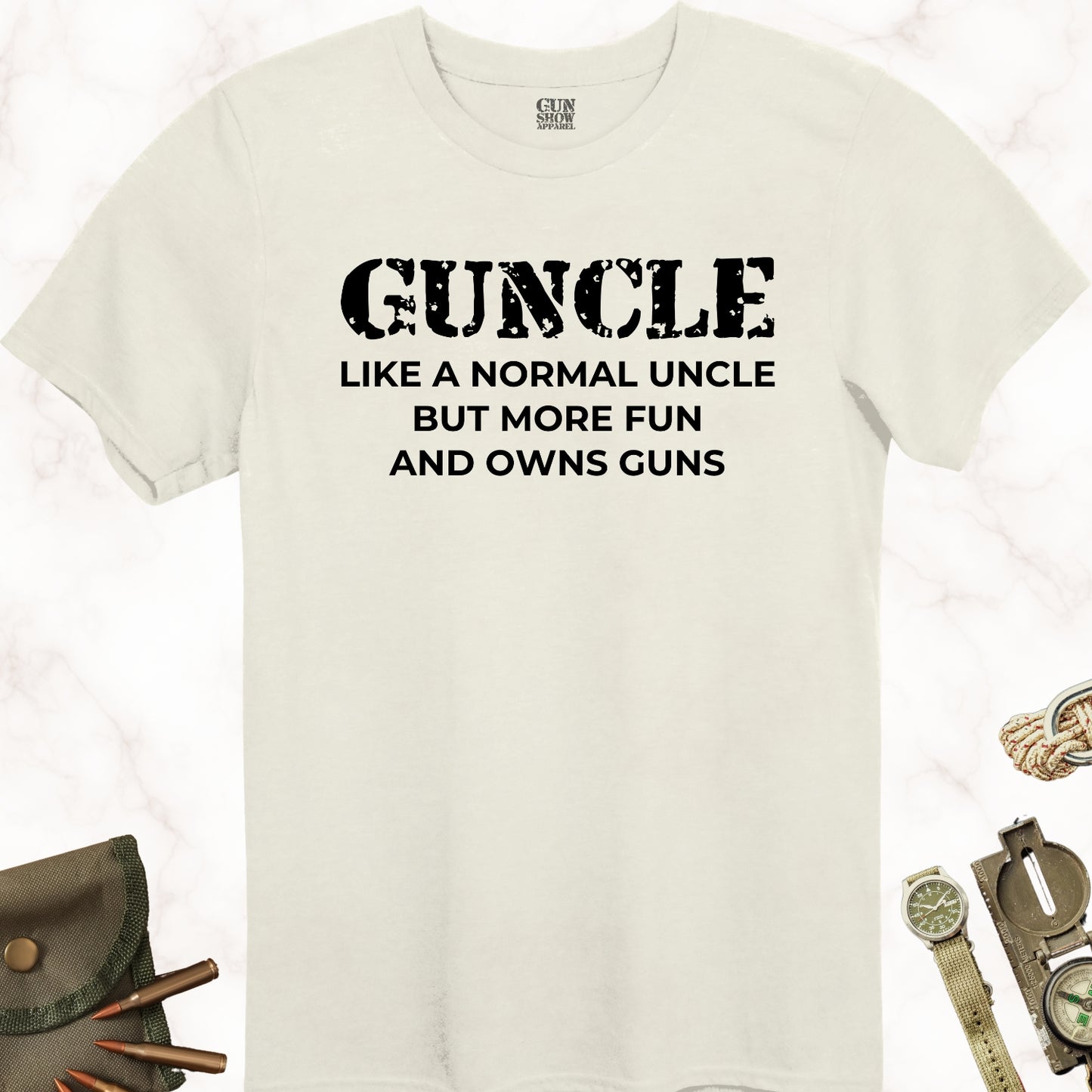 Guncle Like a Normal Uncle but More Fun and Owns Guns T-Shirt in color Natural with black design from Gun Show Apparel