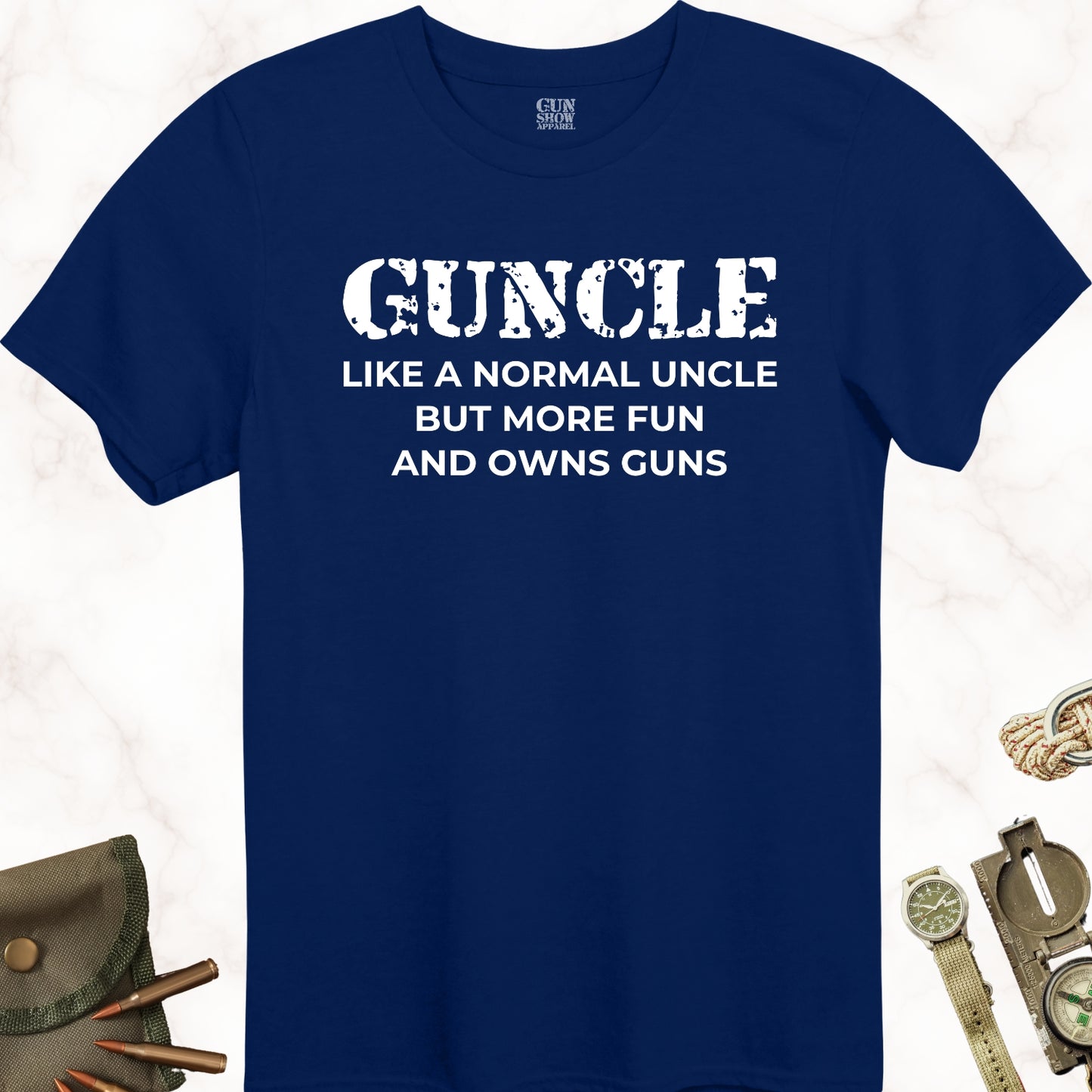 Guncle Like a Normal Uncle but More Fun and Owns Guns T-Shirt in color Navy with white design from Gun Show Apparel