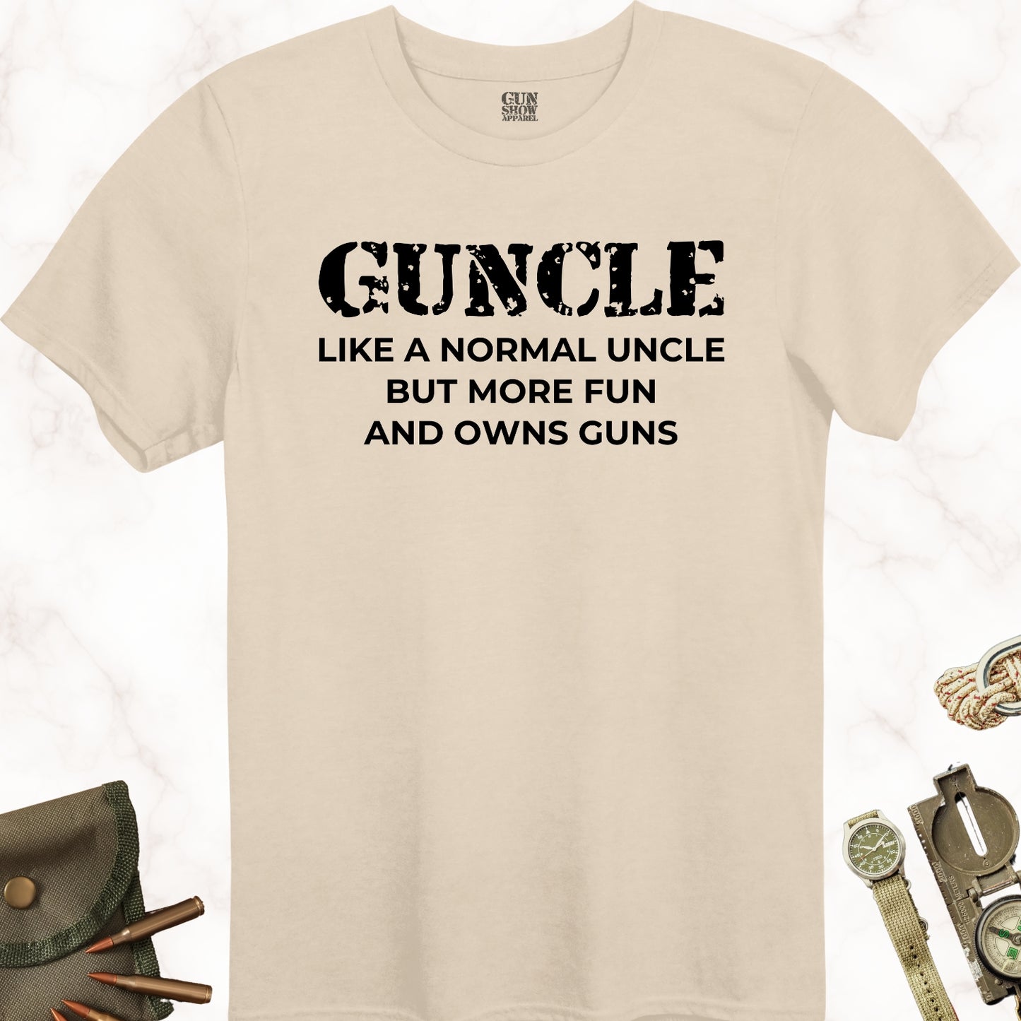 Guncle Like a Normal Uncle but More Fun and Owns Guns T-Shirt in color Sand with black design from Gun Show Apparel