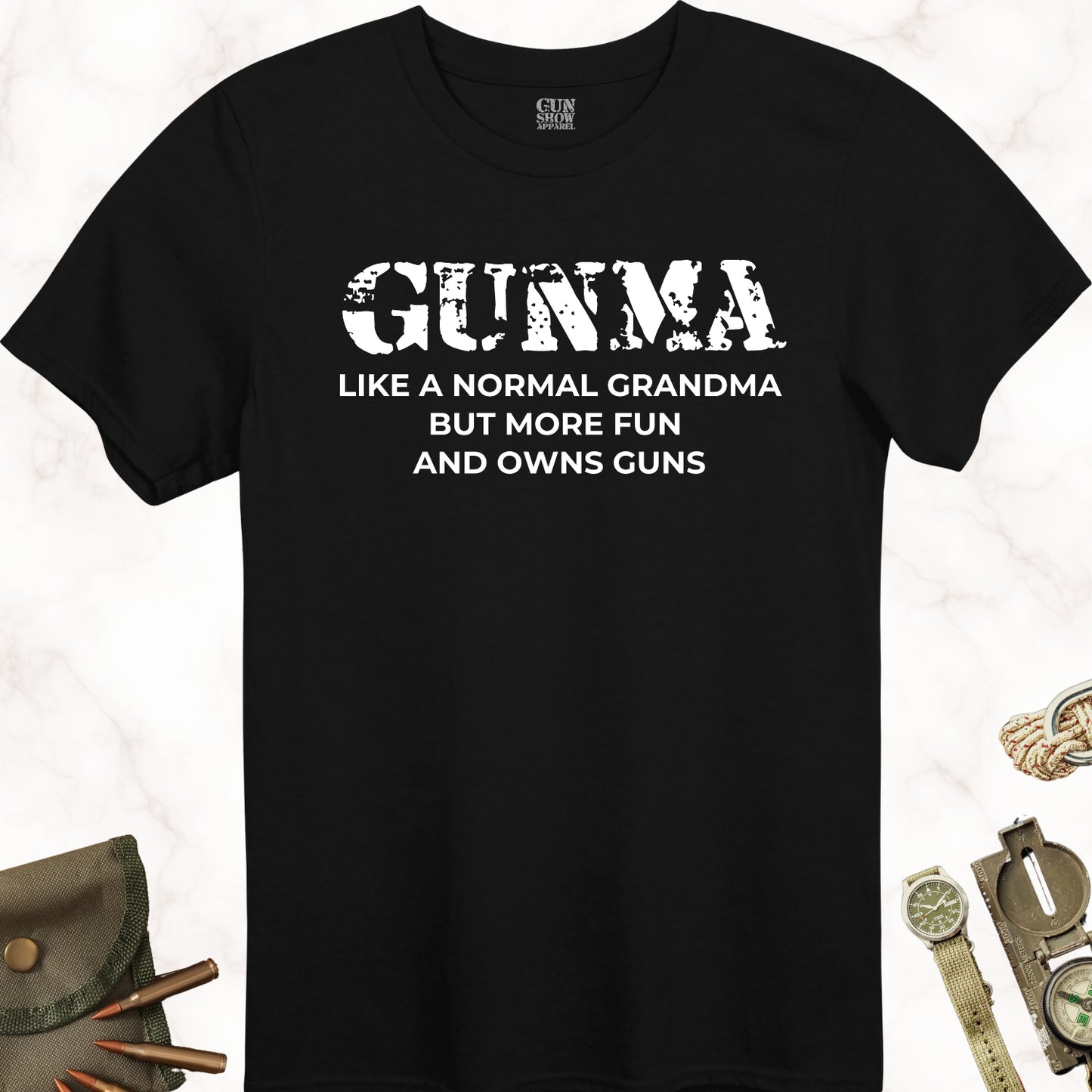 Gunma Like a Normal Grandma but More Fun and Owns Guns T-Shirt in color Black with white design from Gun Show Apparel