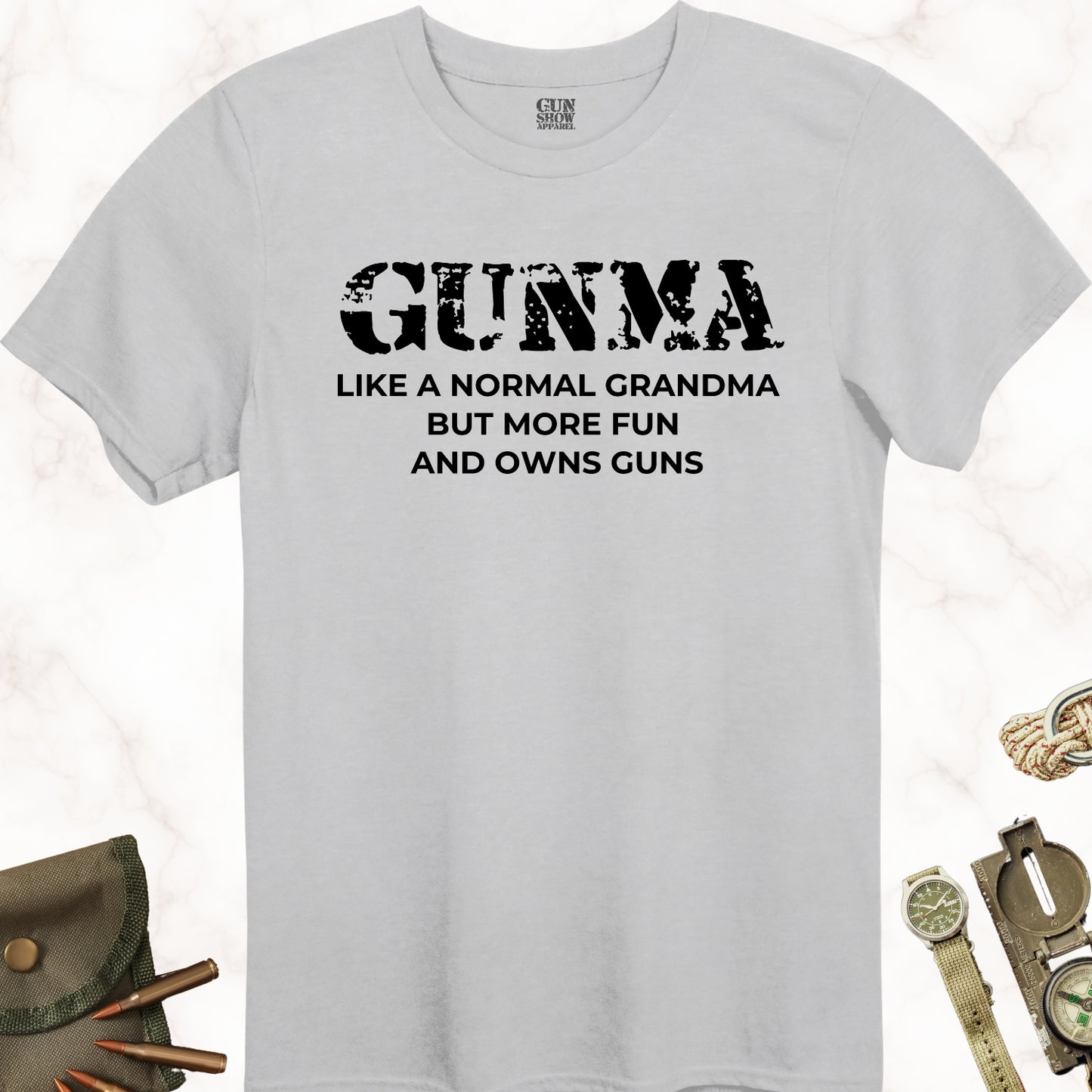 Gunma Like a Normal Grandma but More Fun and Owns Guns T-Shirt in color Icy Grey with black design from Gun Show Apparel