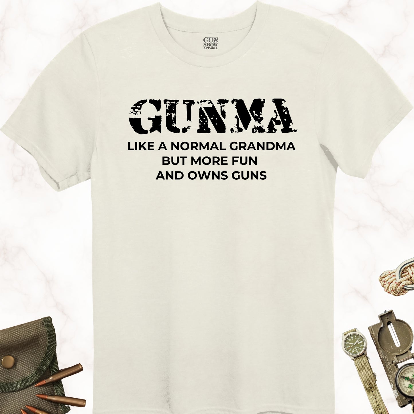 Gunma Like a Normal Grandma but More Fun and Owns Guns T-Shirt in color Natural with black design from Gun Show Apparel