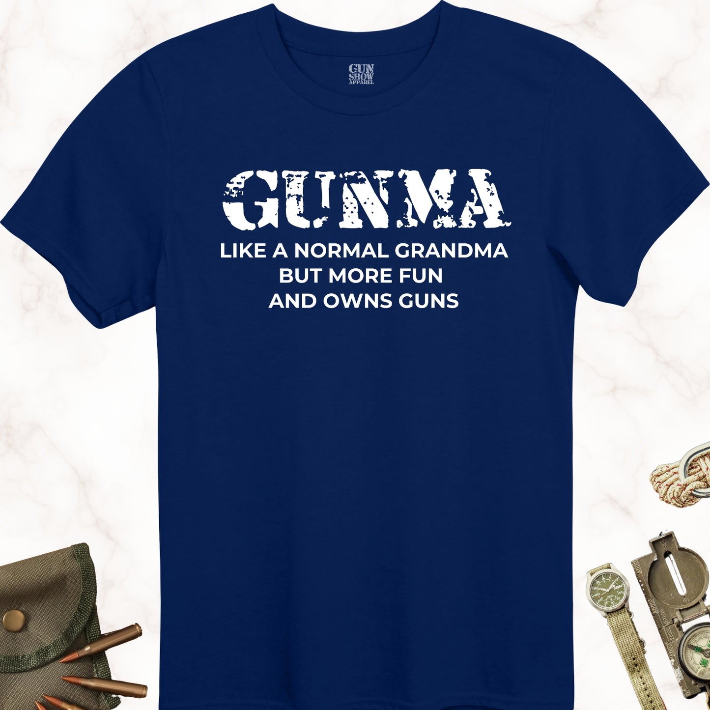 Gunma Like a Normal Grandma but More Fun and Owns Guns T-Shirt in color Navy with white design from Gun Show Apparel