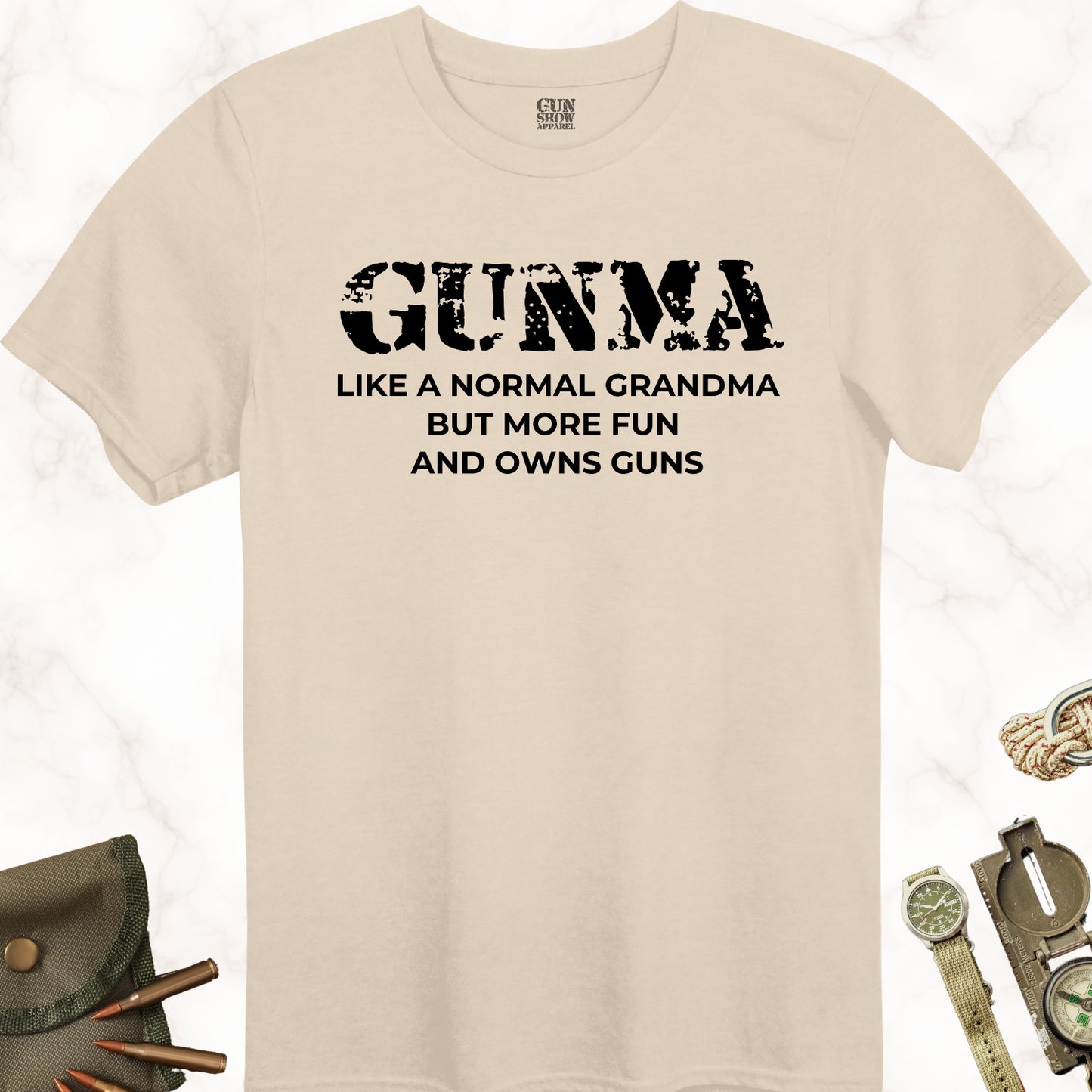 Gunma Like a Normal Grandma but More Fun and Owns Guns T-Shirt in color Sand with black design from Gun Show Apparel