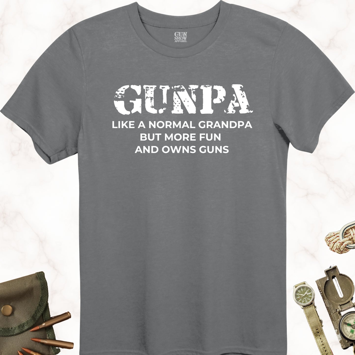 Gunpa Like a Normal Grandpa but More Fun and Owns Guns T-Shirt in color Charcoal with white design from Gun Show Apparel