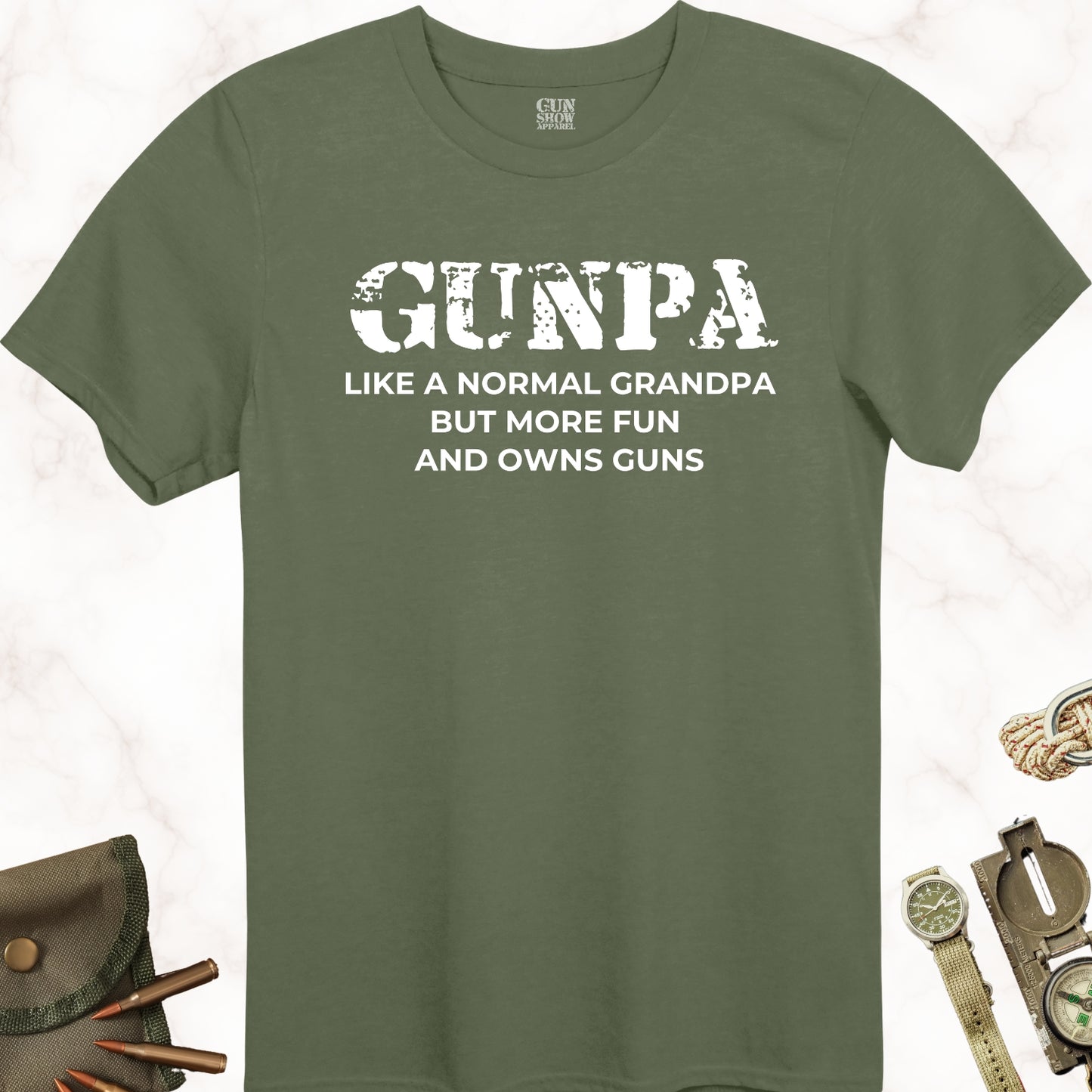 Gunpa Like a Normal Grandpa but More Fun and Owns Guns T-Shirt in color Military Green with white design from Gun Show Apparel