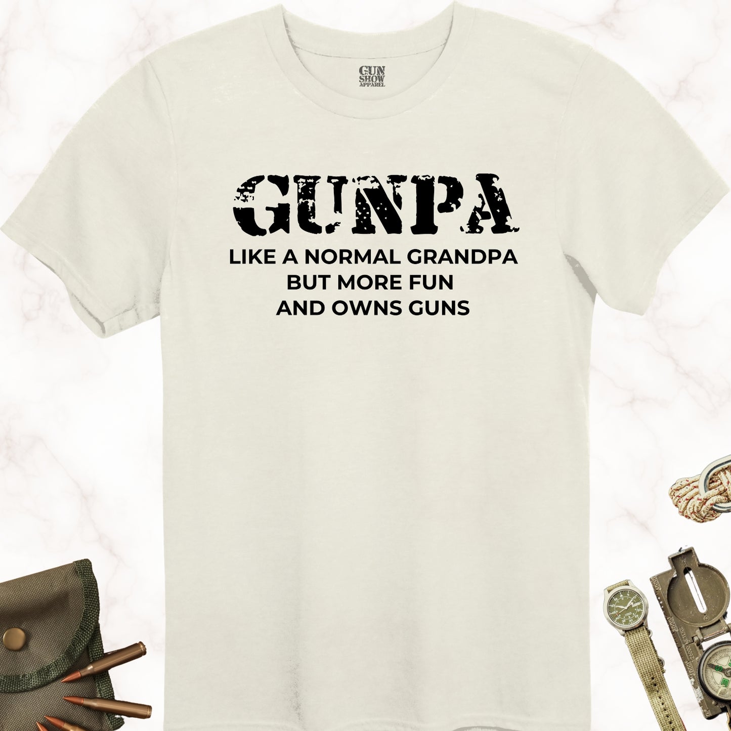 Gunpa Like a Normal Grandpa but More Fun and Owns Guns T-Shirt in color Natural with black design from Gun Show Apparel