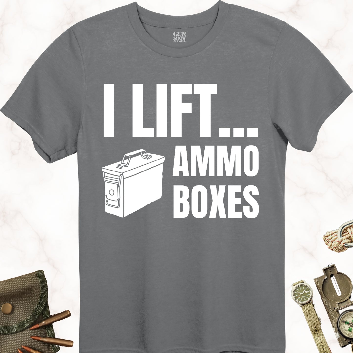 I Lift Ammo Boxes T-Shirt in color Charcoal