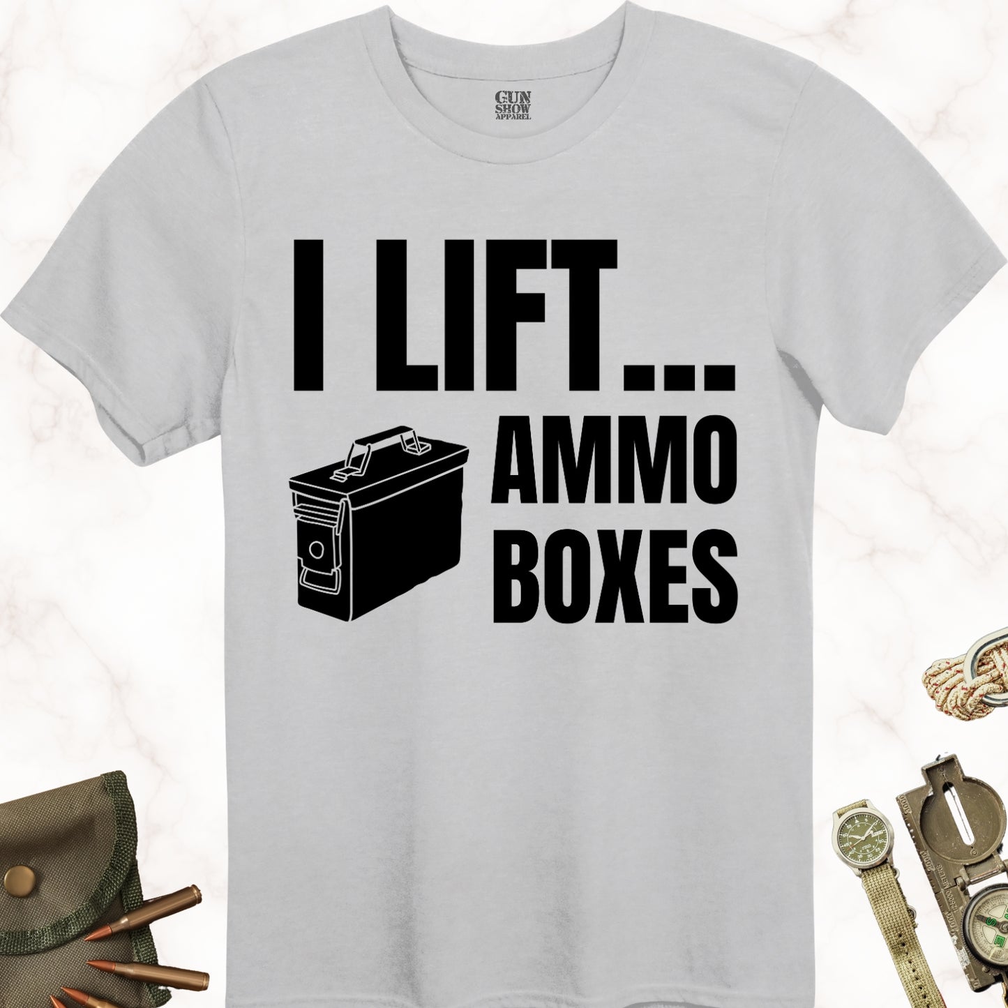 I Lift Ammo Boxes T-Shirt in color Ice Grey