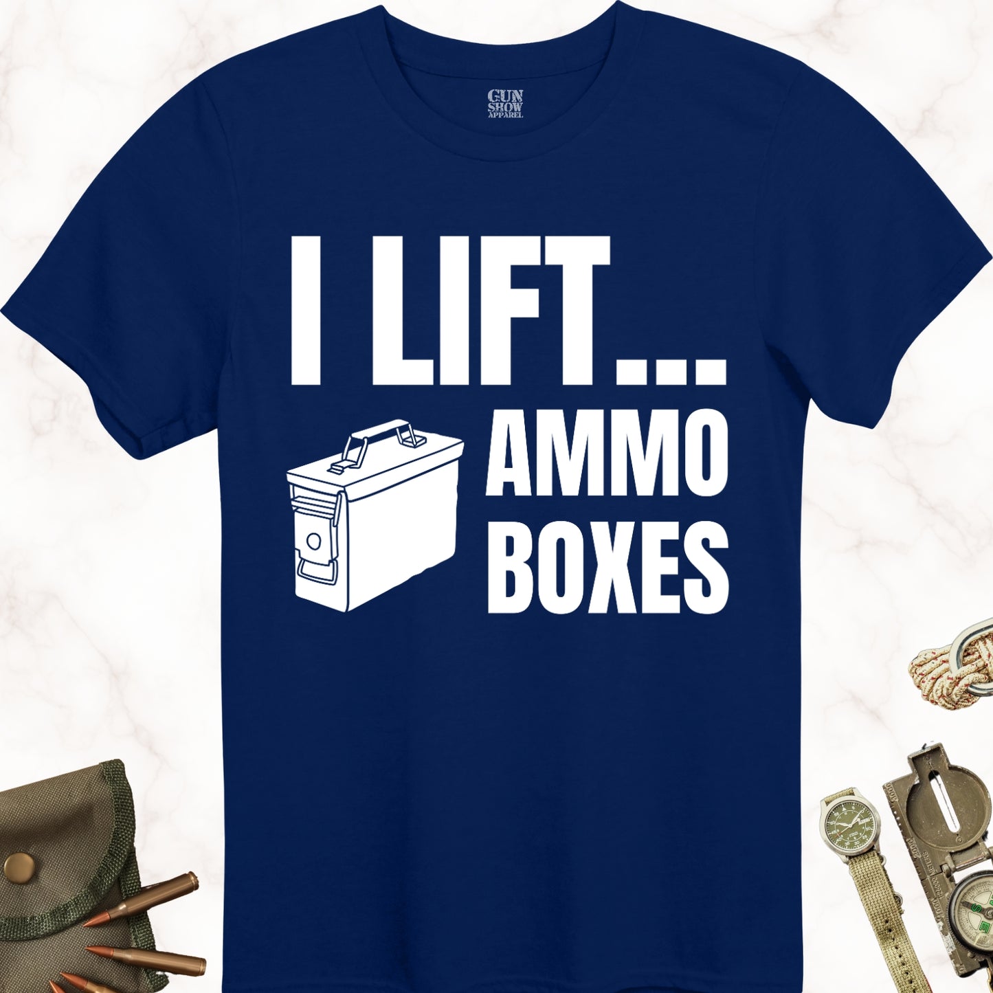 I Lift Ammo Boxes T-Shirt in color Navy