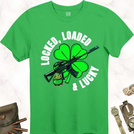 Locked, Loaded and Lucky Gun T-Shirt for St. Patrick's Day  in color Irish Green