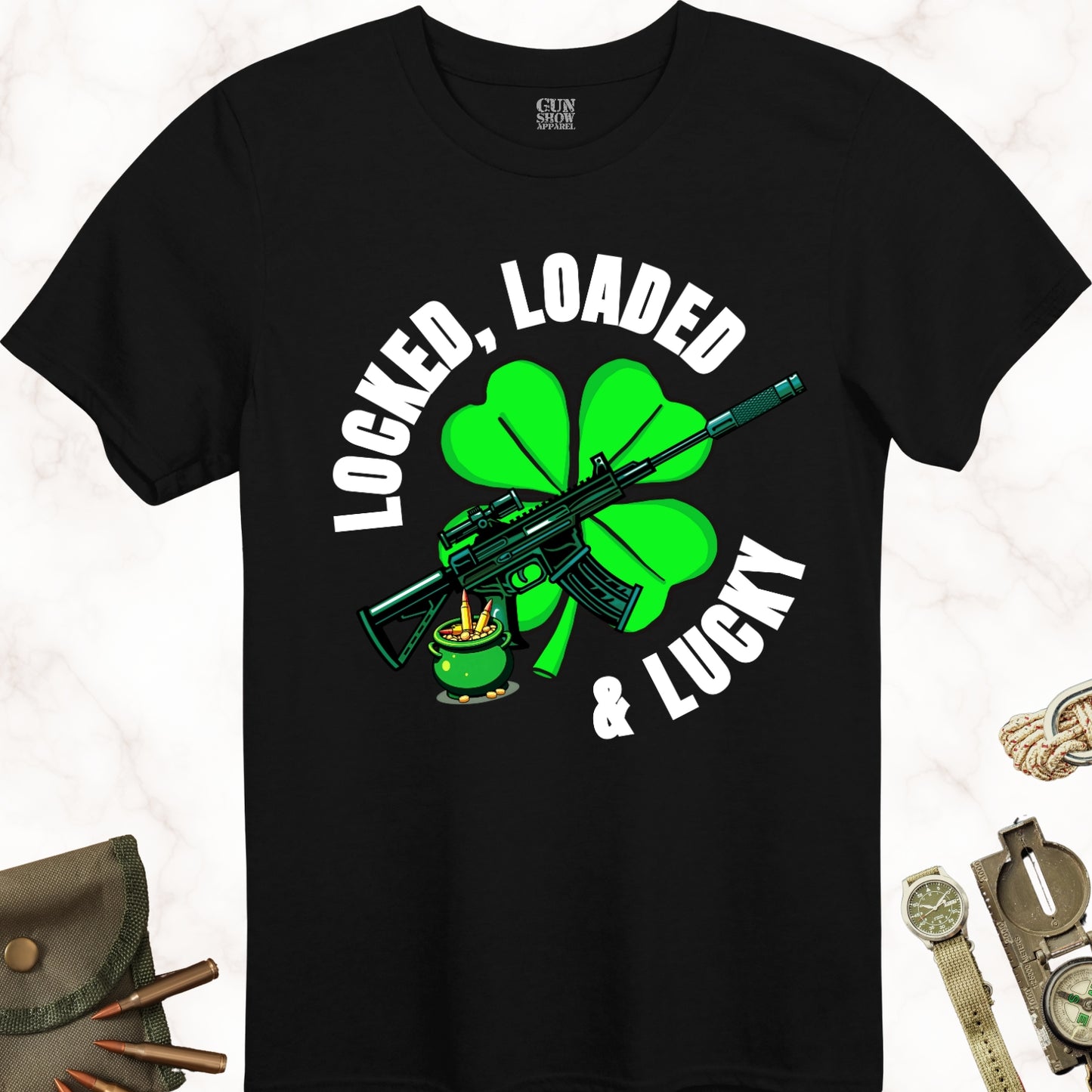 Locked, Loaded and Lucky Irish Gun T-Shirt for St. Patrick's Day  in color Black